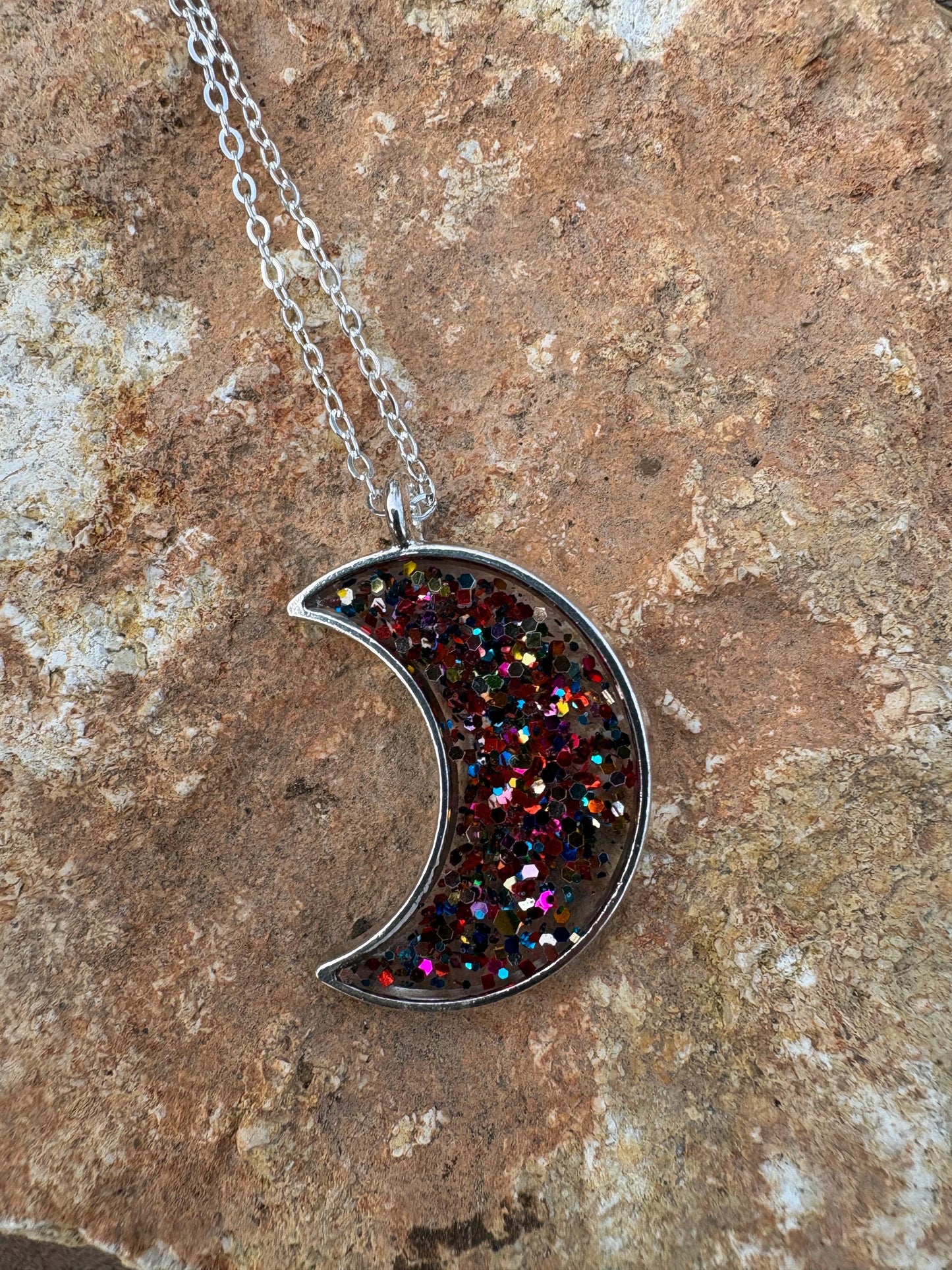Confetti Galaxy Glitter Crescent Moon Resin Necklace | Consecrated Jewelry Co. Necklaces Consecrated Jewelry Co.