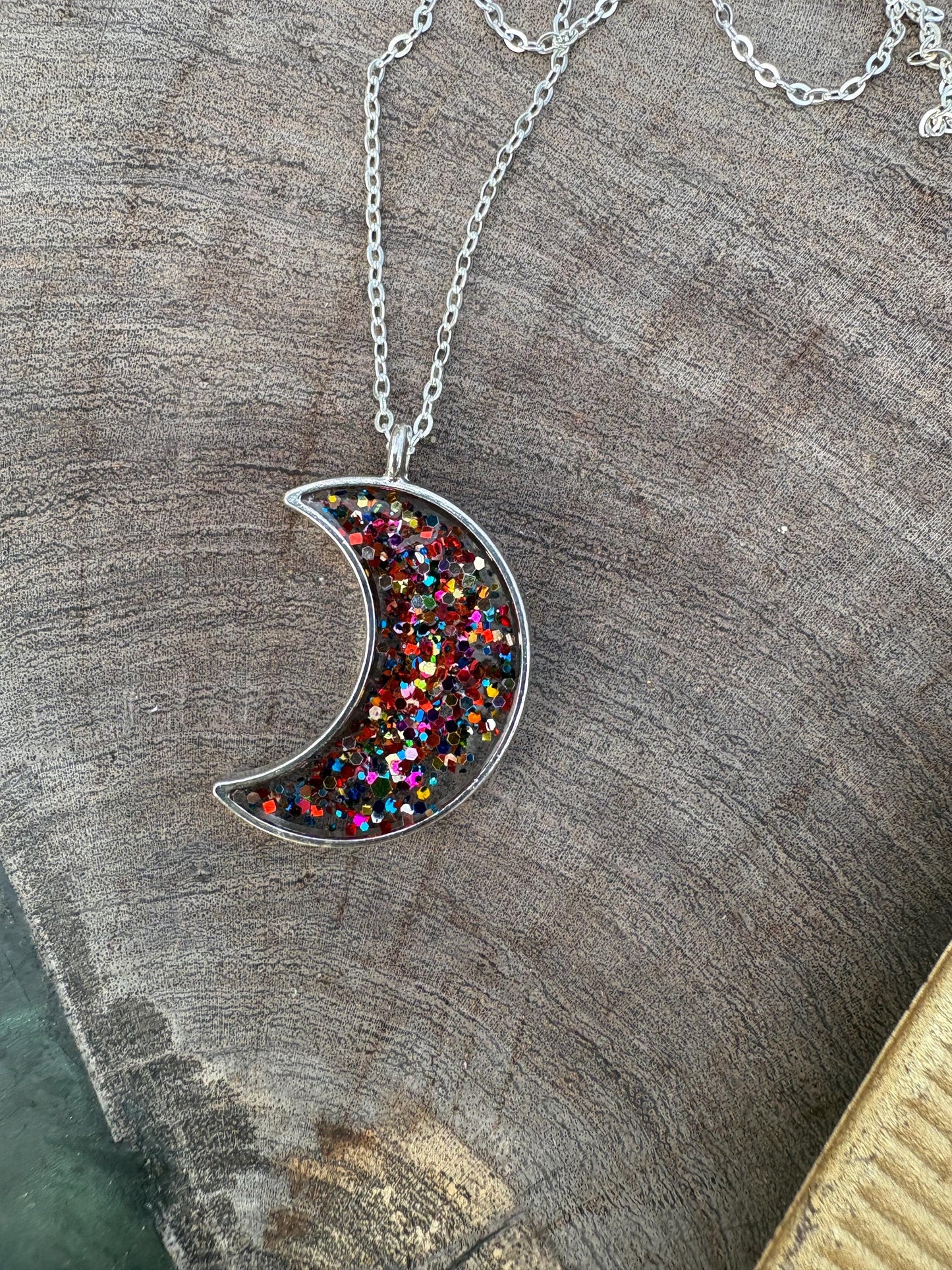 Confetti Galaxy Glitter Crescent Moon Resin Necklace | Consecrated Jewelry Co. Necklaces Consecrated Jewelry Co.