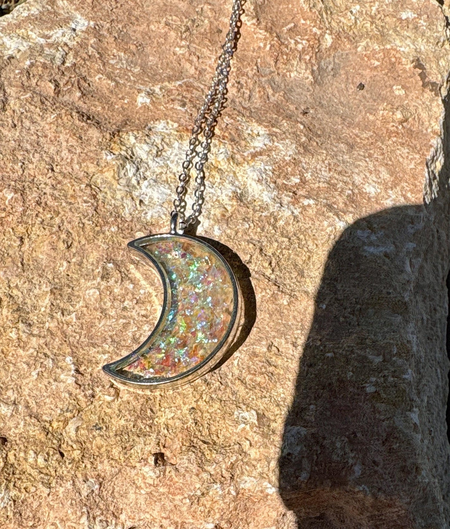 Neon Yellow-Green Galaxy Glitter Crescent Moon Resin Pendant | Consecrated Jewelry Co. Necklaces Consecrated Jewelry Co.