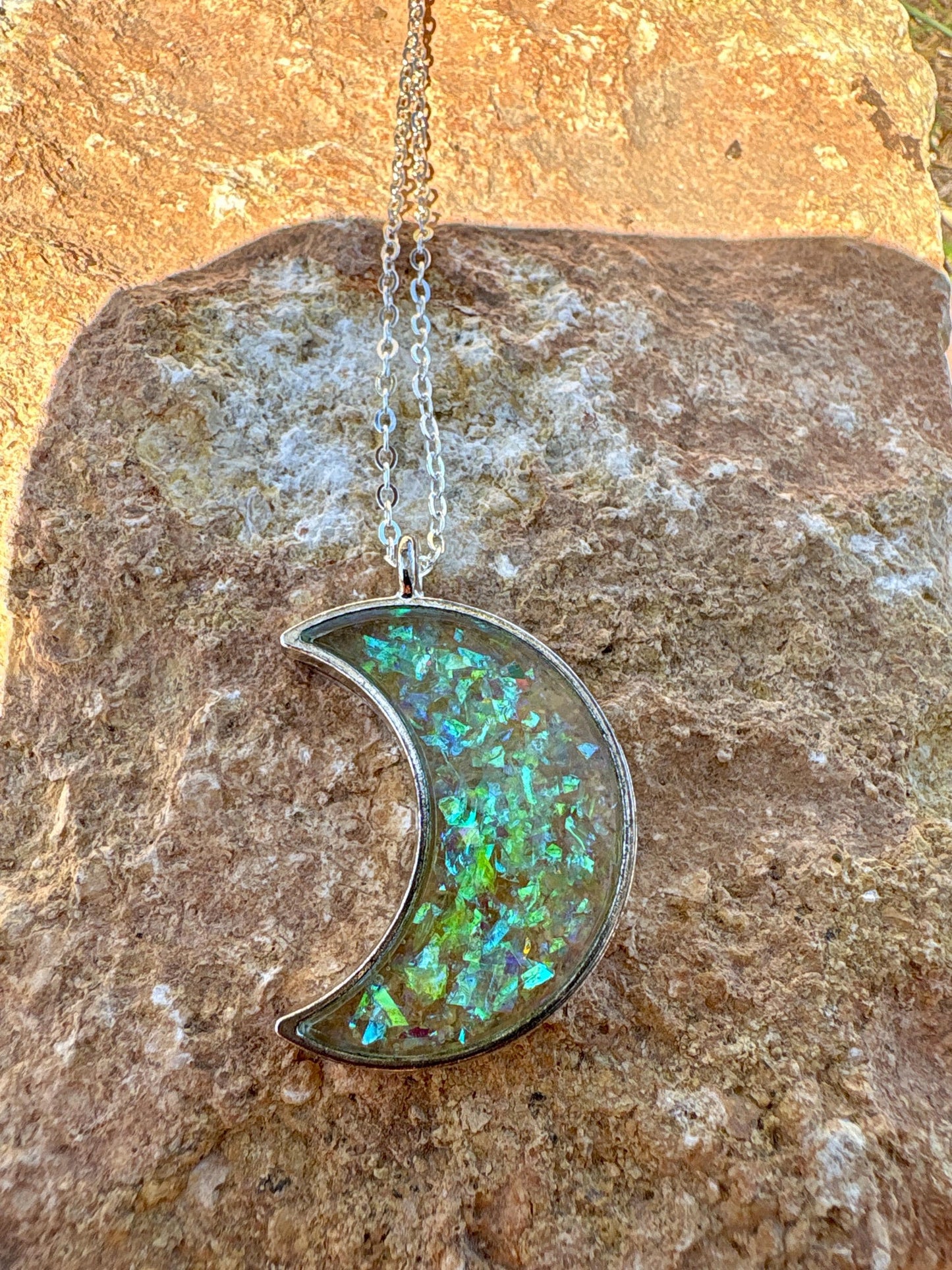Neon Yellow-Green Galaxy Glitter Crescent Moon Resin Pendant | Consecrated Jewelry Co. Necklaces Consecrated Jewelry Co.