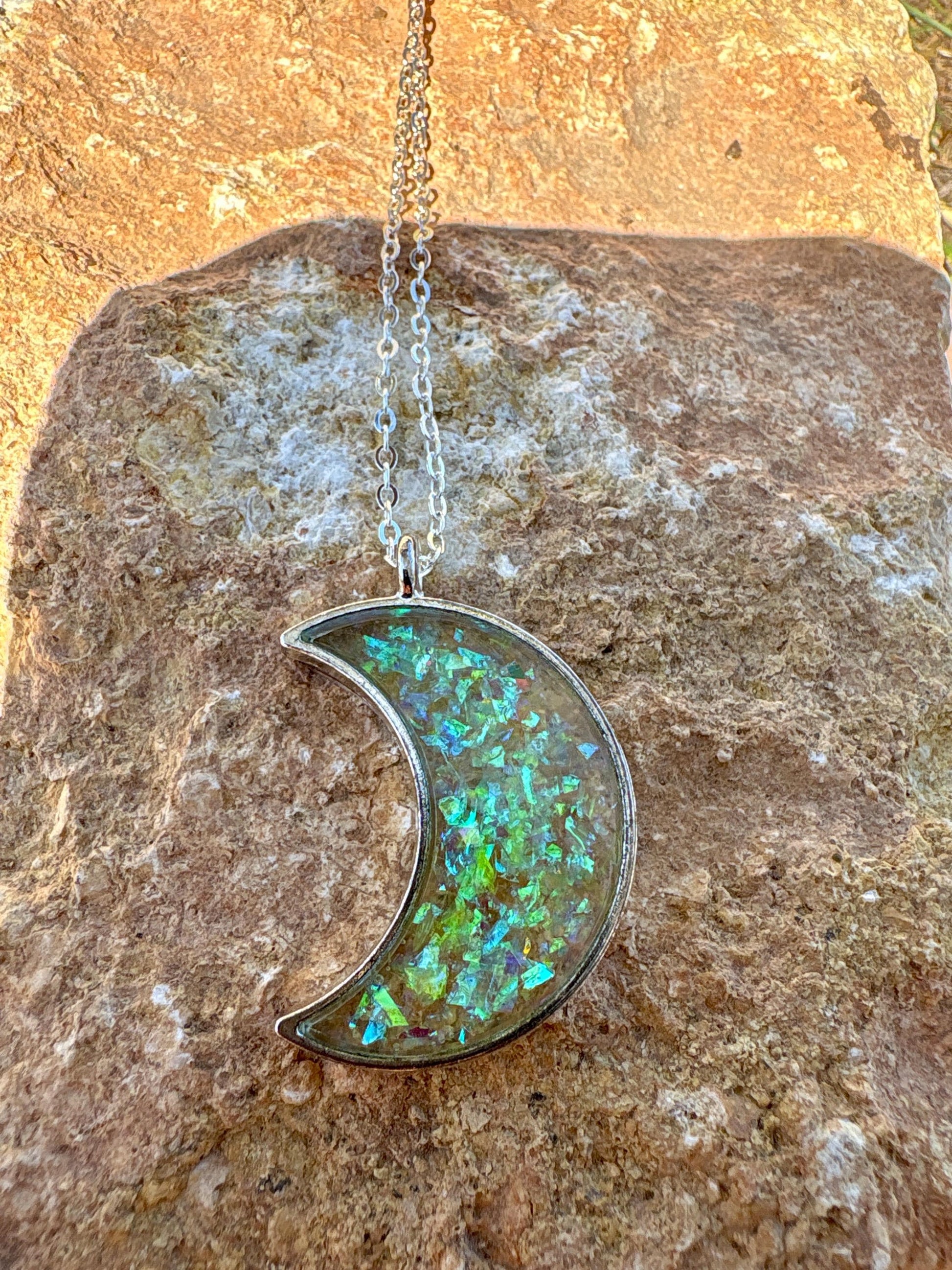Neon Yellow-Green Galaxy Glitter Crescent Moon Resin Pendant | Consecrated Jewelry Co. Necklaces Consecrated Jewelry Co.