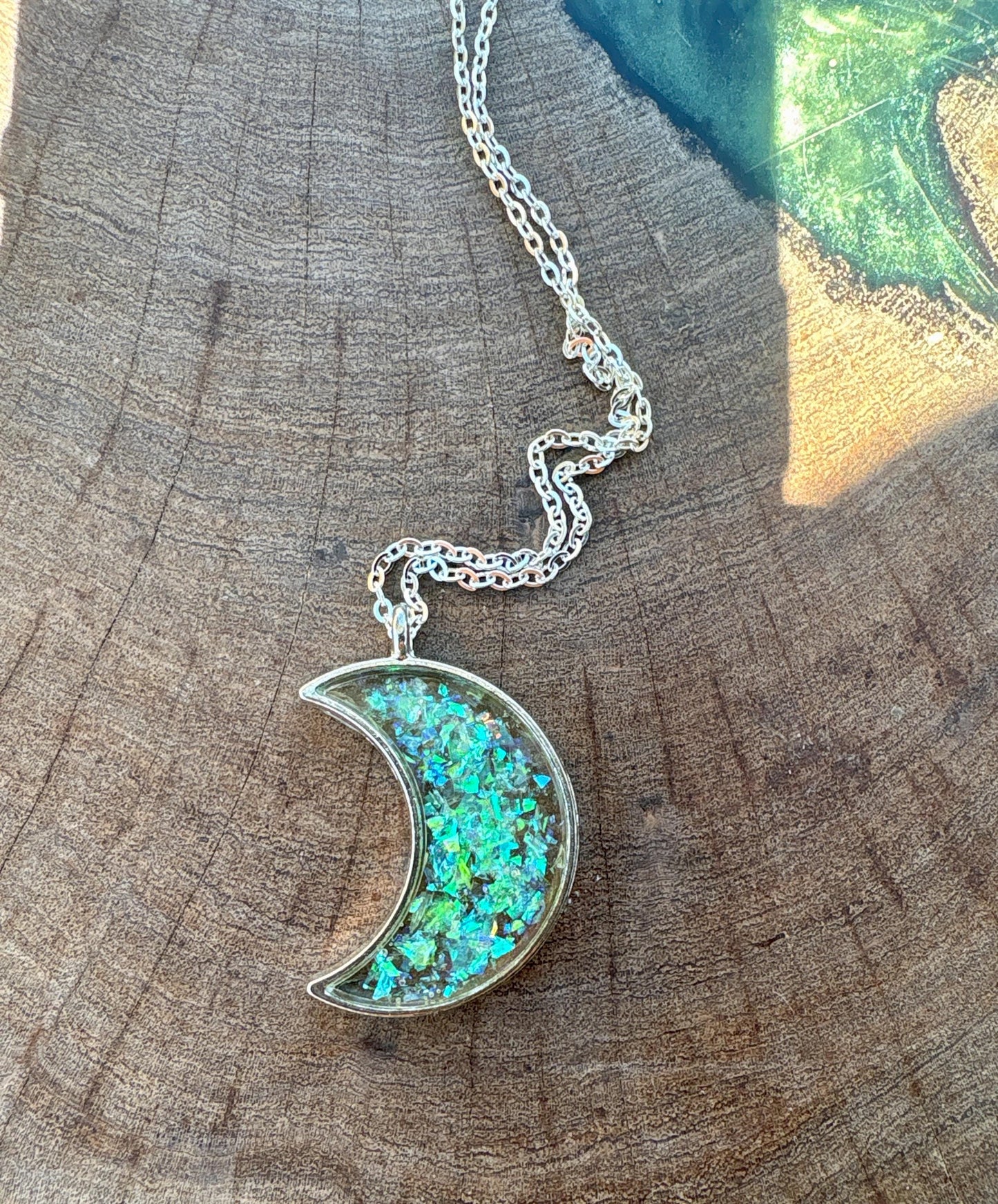 Neon Yellow-Green Galaxy Glitter Crescent Moon Resin Pendant | Consecrated Jewelry Co. Necklaces Consecrated Jewelry Co.