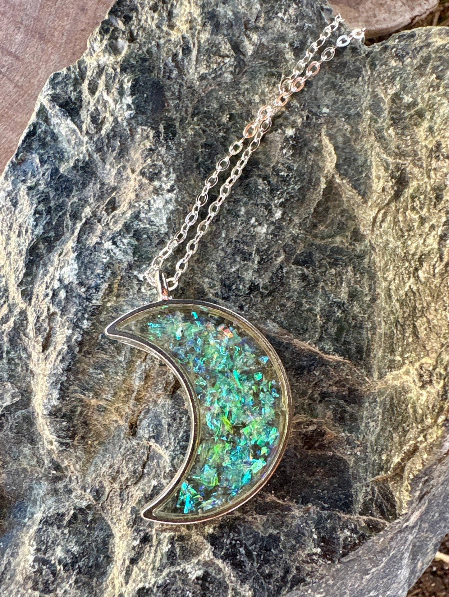 Neon Yellow-Green Galaxy Glitter Crescent Moon Resin Pendant | Consecrated Jewelry Co. Necklaces Consecrated Jewelry Co.