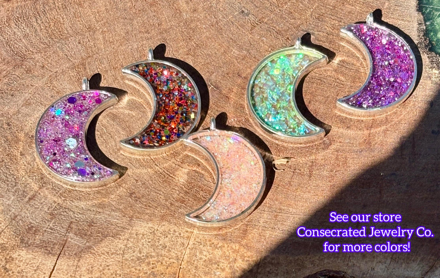 Neon Yellow-Green Galaxy Glitter Crescent Moon Resin Pendant | Consecrated Jewelry Co. Necklaces Consecrated Jewelry Co.