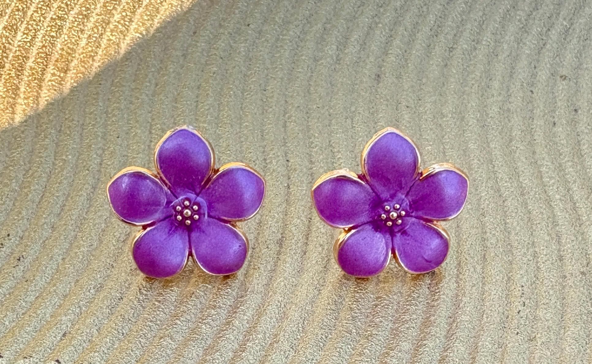 Purple & Fuchsia Enamel Gold Flower Stud Earrings | Consecrated Jewelry Co. Earrings Consecrated Jewelry Co.
