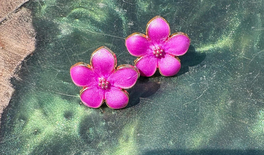 Purple & Fuchsia Enamel Gold Flower Stud Earrings | Consecrated Jewelry Co. Earrings Consecrated Jewelry Co.