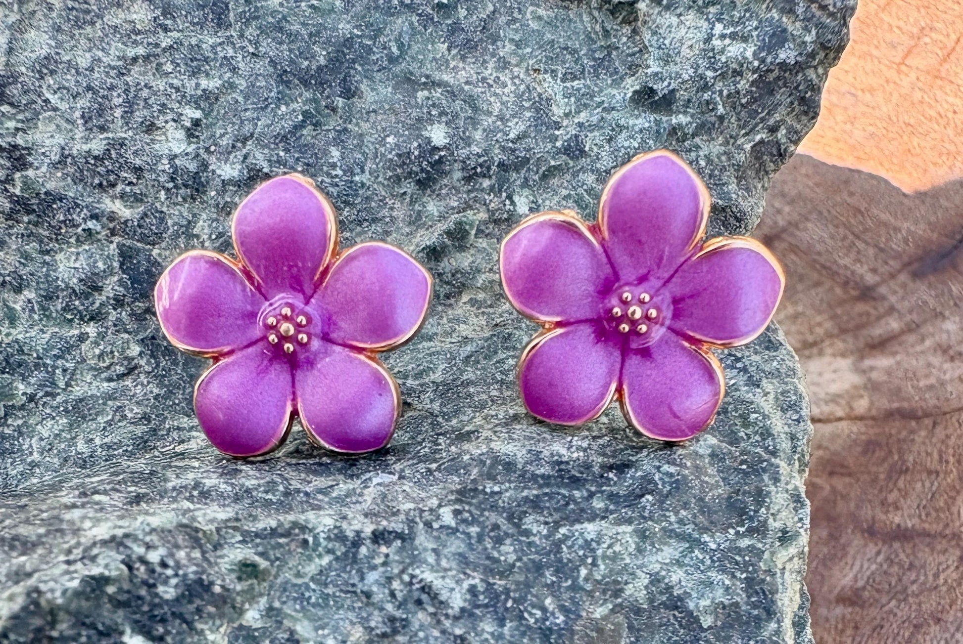Purple & Fuchsia Enamel Gold Flower Stud Earrings | Consecrated Jewelry Co. Earrings Consecrated Jewelry Co.