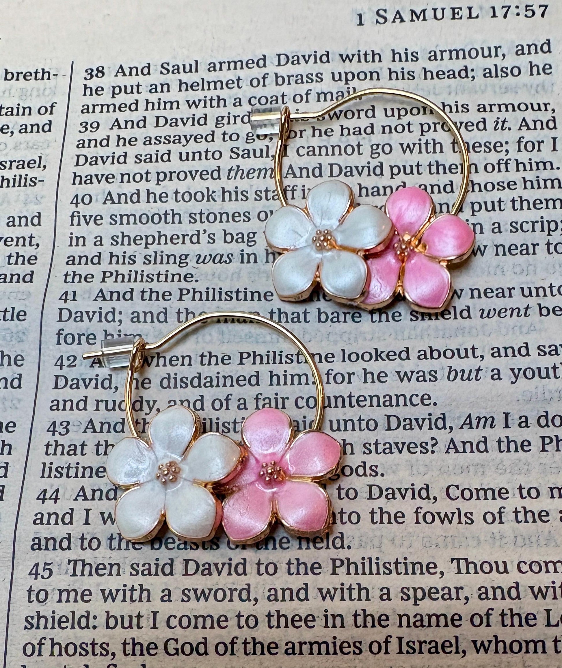 Gold Hoop Flower Earrings | White Pink Enamel Floral Spring Earrings Consecrated Jewelry Co.