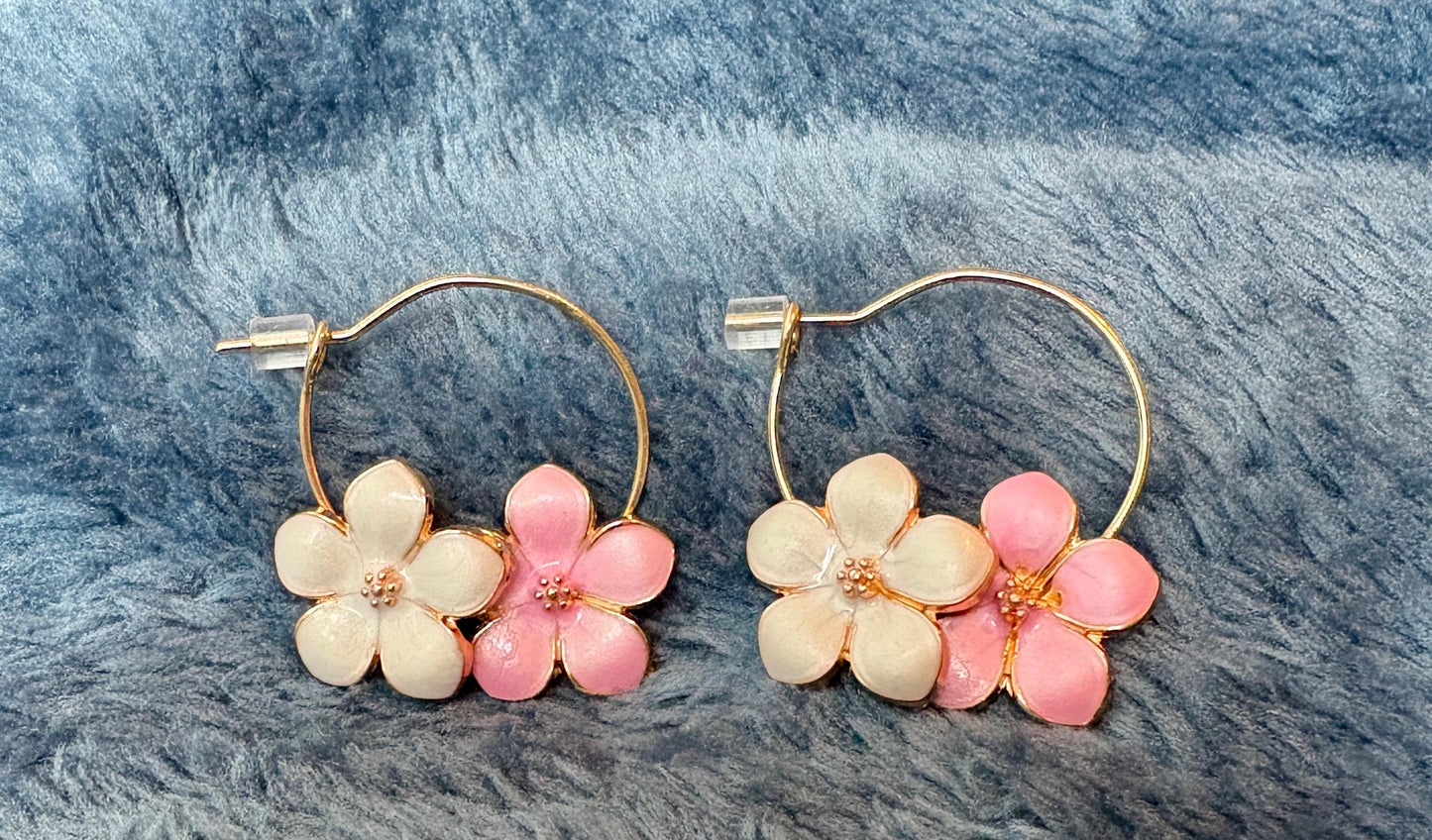 Gold Hoop Flower Earrings | White Pink Enamel Floral Spring Earrings Consecrated Jewelry Co.
