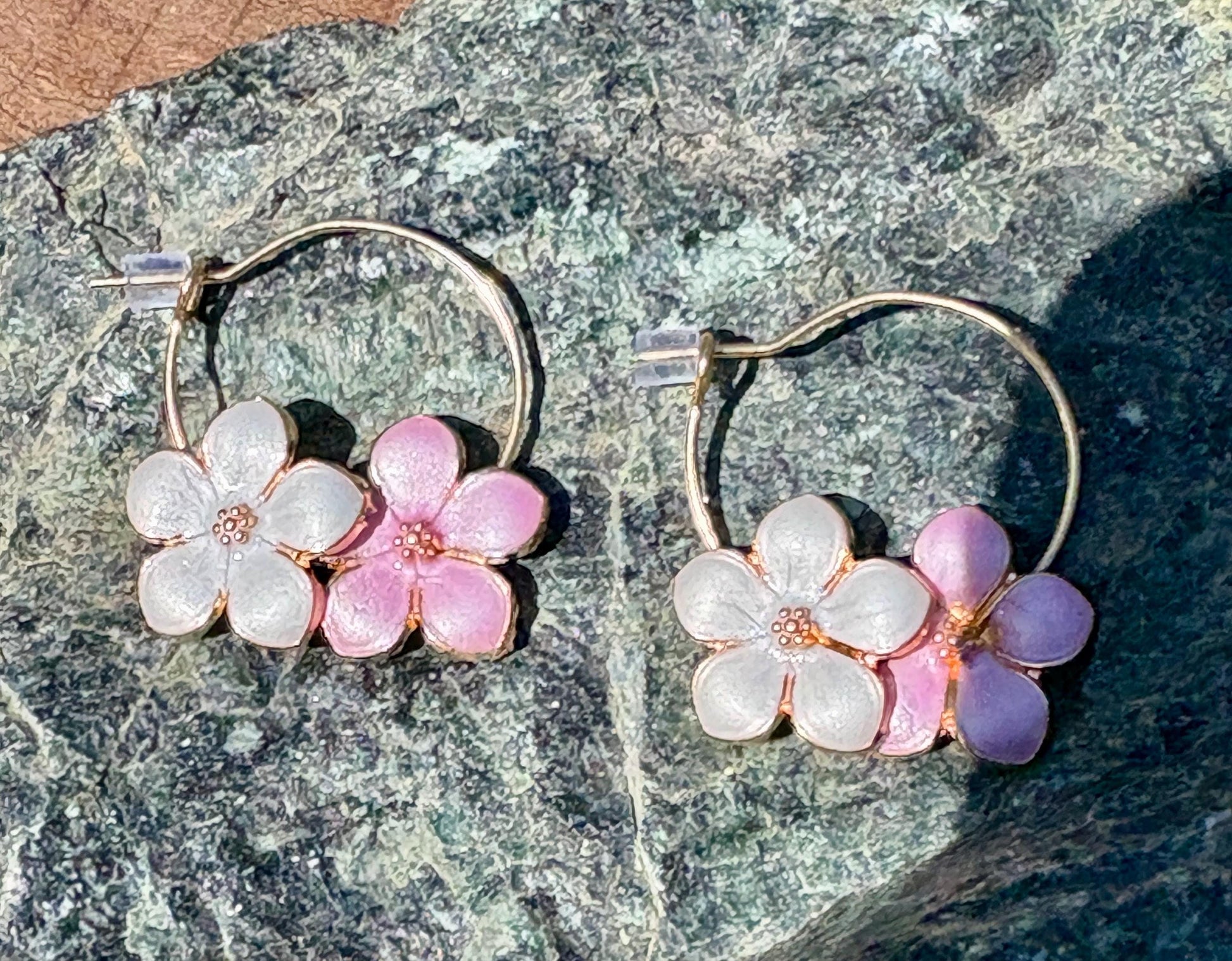 Gold Hoop Flower Earrings | White Pink Enamel Floral Spring Earrings Consecrated Jewelry Co.