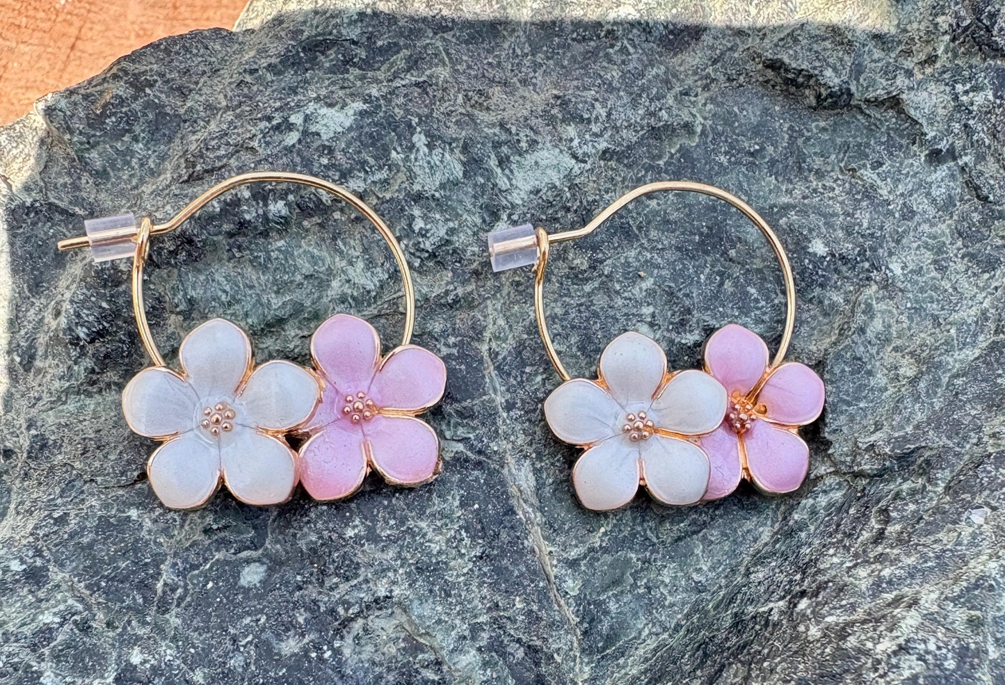 Gold Hoop Flower Earrings | White Pink Enamel Floral Spring Earrings Consecrated Jewelry Co.