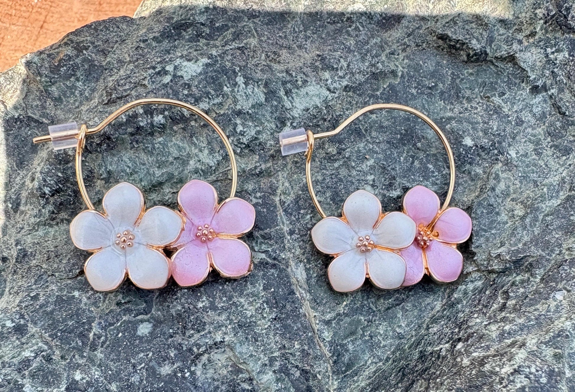 Gold Hoop Flower Earrings | White Pink Enamel Floral Spring Earrings Consecrated Jewelry Co.