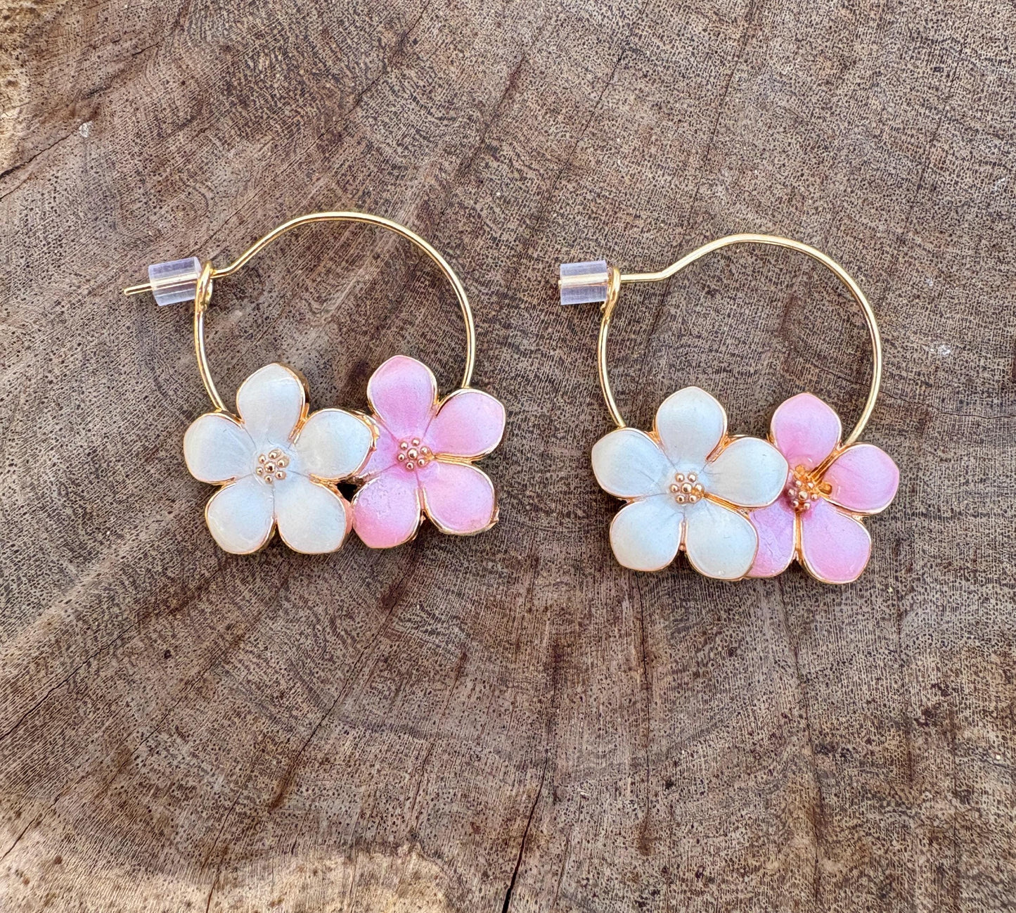 Gold Hoop Flower Earrings | White Pink Enamel Floral Spring Earrings Consecrated Jewelry Co.
