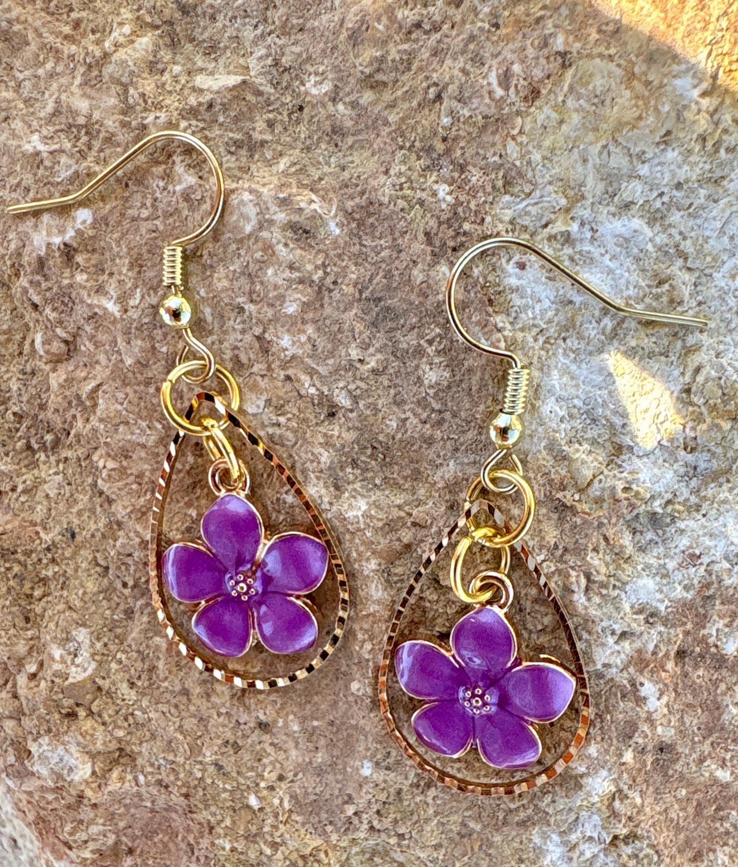 Gold Teardrop Earrings | Dainty Purple & Gold Fuchsia Floral Dangle Earrings Consecrated Jewelry Co.