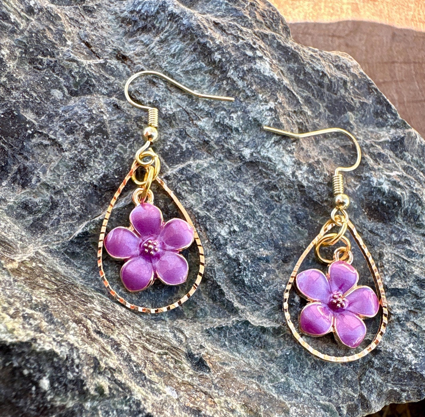 Gold Teardrop Earrings | Dainty Purple & Gold Fuchsia Floral Dangle Earrings Consecrated Jewelry Co.