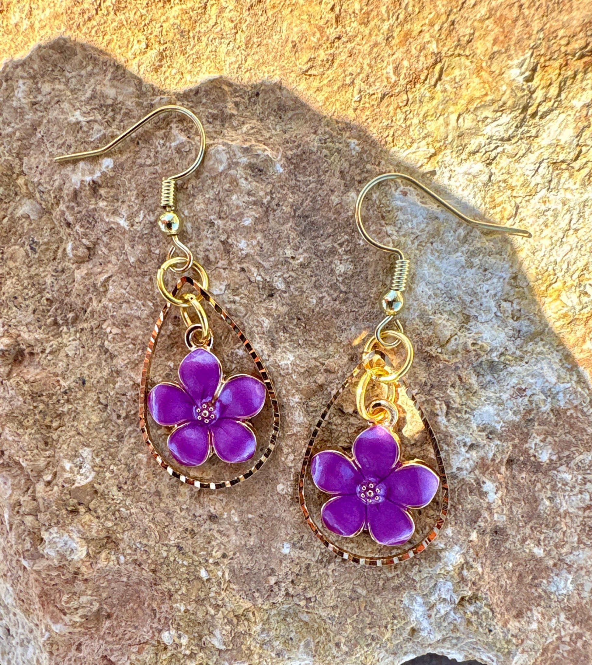 Gold Teardrop Earrings | Dainty Purple & Gold Fuchsia Floral Dangle Earrings Consecrated Jewelry Co.