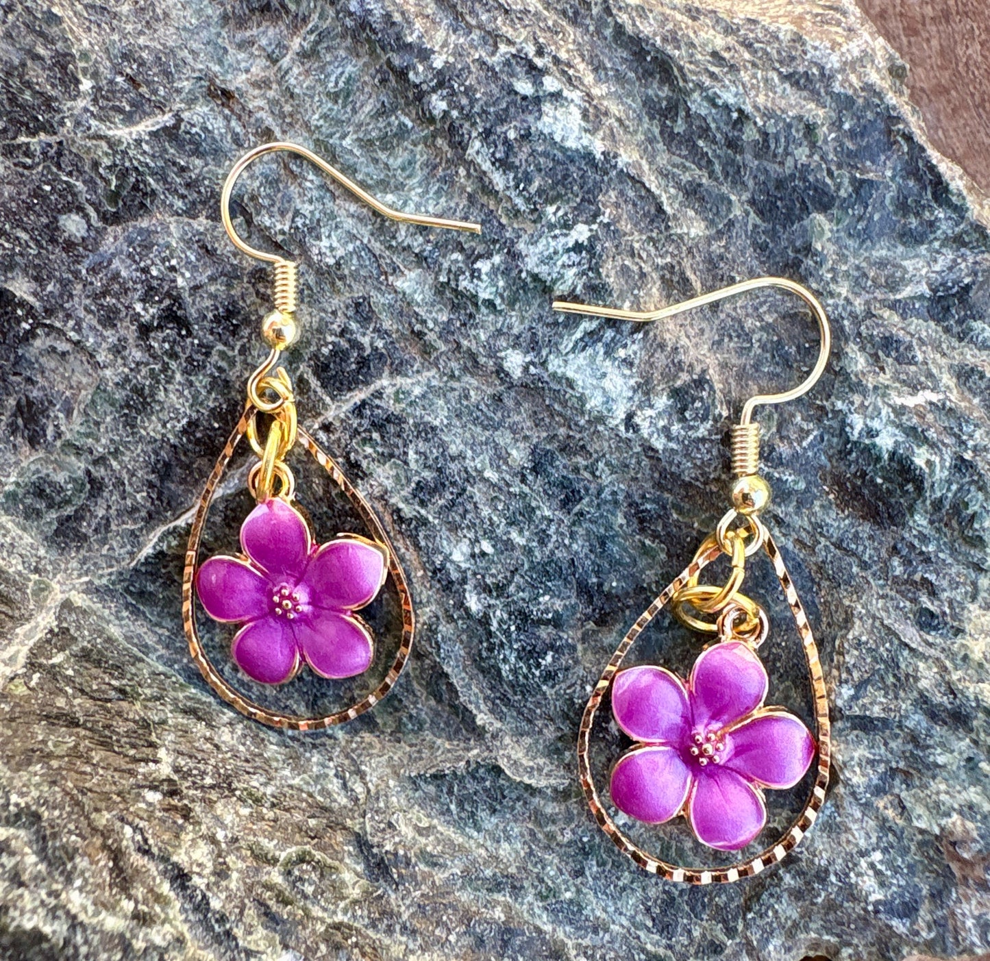 Gold Teardrop Earrings | Dainty Purple & Gold Fuchsia Floral Dangle Earrings Consecrated Jewelry Co.