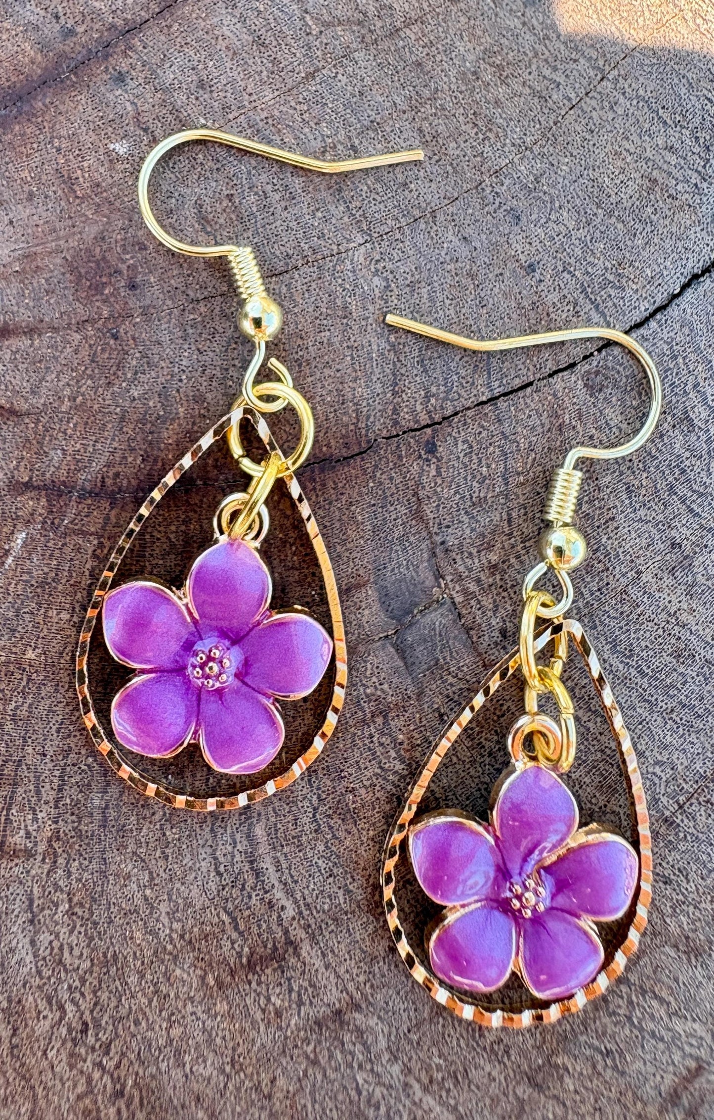 Gold Teardrop Earrings | Dainty Purple & Gold Fuchsia Floral Dangle Earrings Consecrated Jewelry Co.