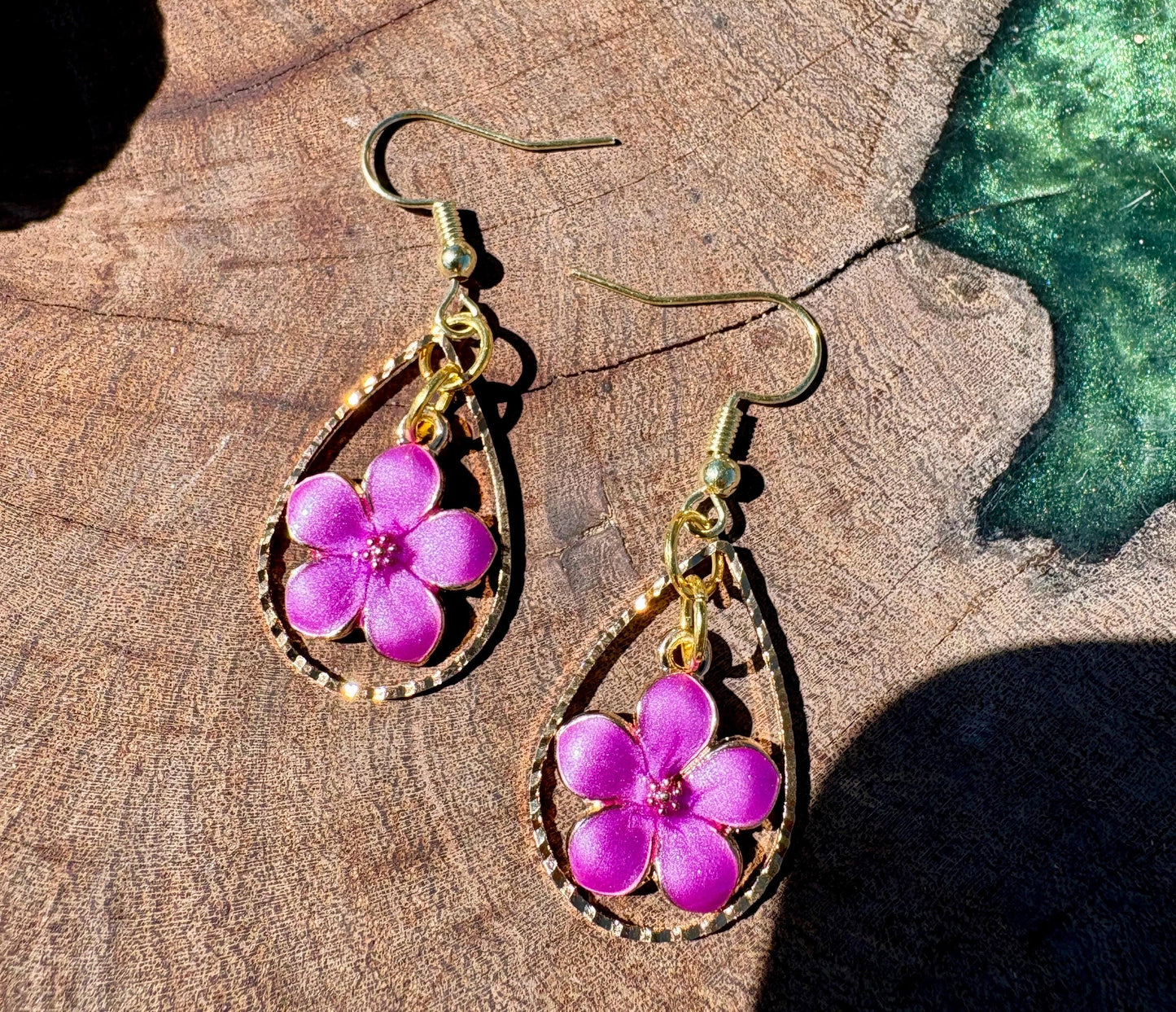 Gold Teardrop Earrings | Dainty Purple & Gold Fuchsia Floral Dangle Earrings Consecrated Jewelry Co.