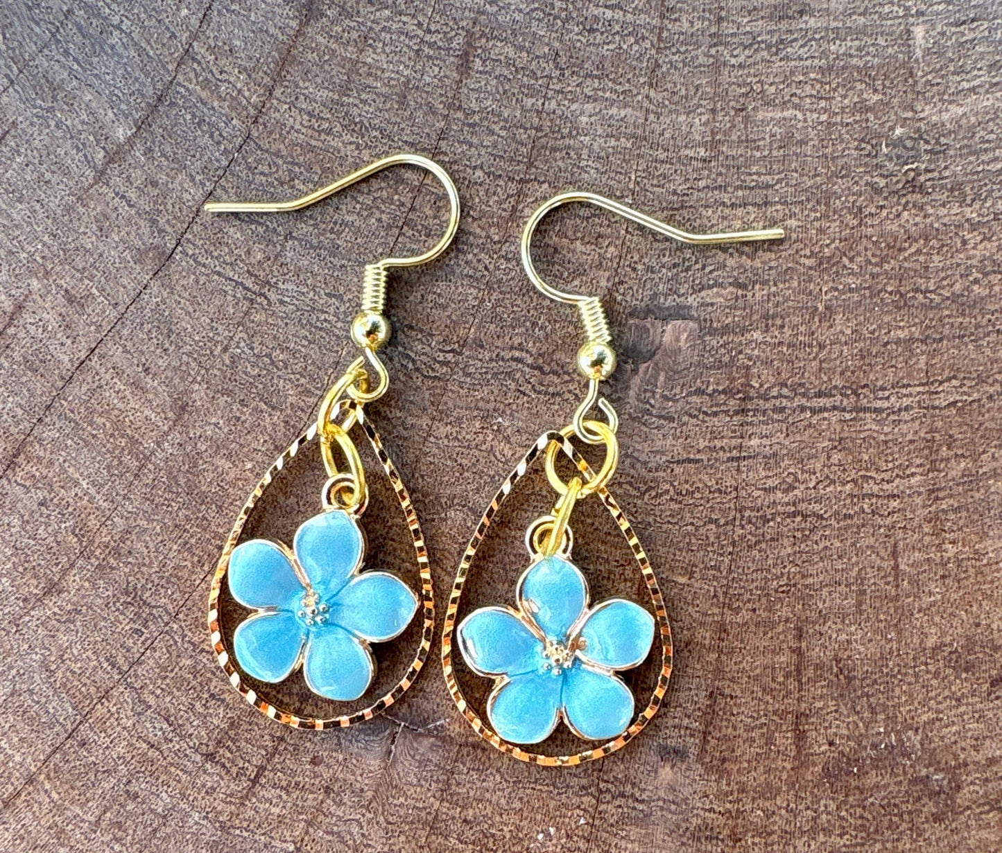 Gold Teardrop Earrings | Dainty Blue & Gold Flower Floral Dangle Earrings Consecrated Jewelry Co.