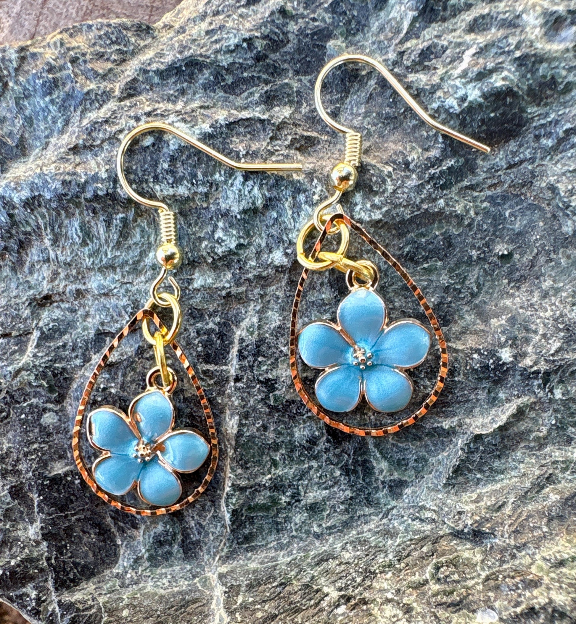 Gold Teardrop Earrings | Dainty Blue & Gold Flower Floral Dangle Earrings Consecrated Jewelry Co.