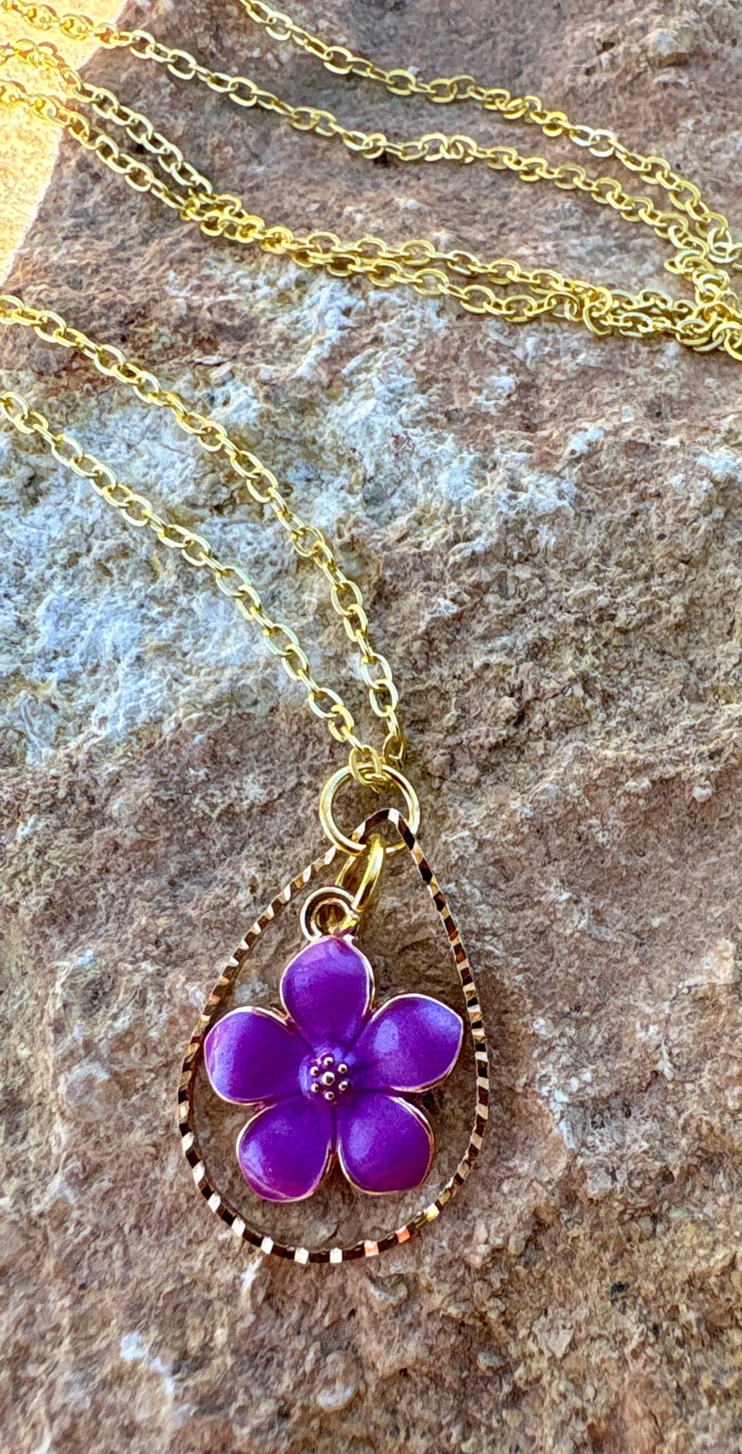 Gold Teardrop Necklace | Purple Fuchsia Flower Pearl Pendant Necklaces Consecrated Jewelry Co.