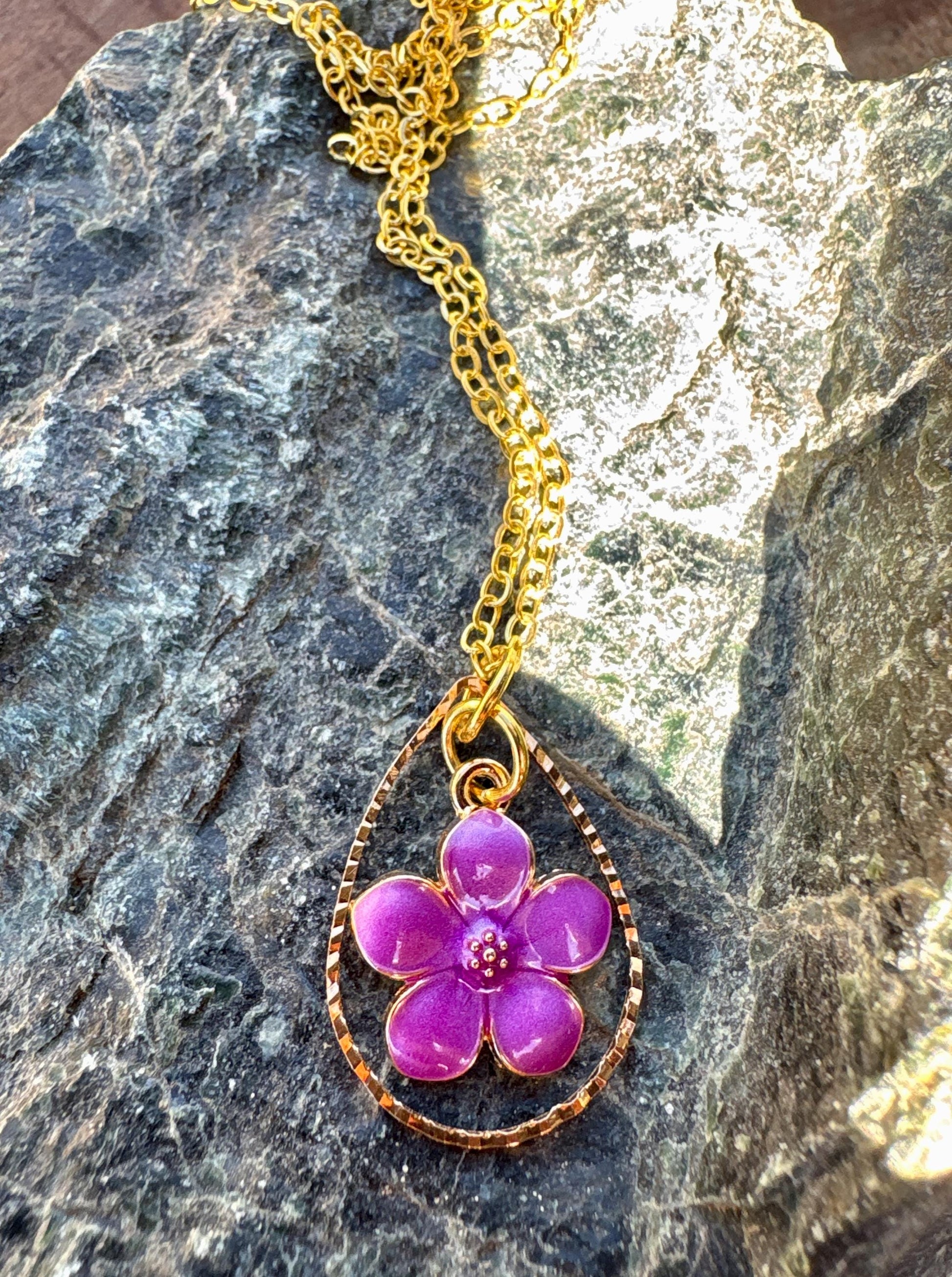 Gold Teardrop Necklace | Purple Fuchsia Flower Pearl Pendant Necklaces Consecrated Jewelry Co.