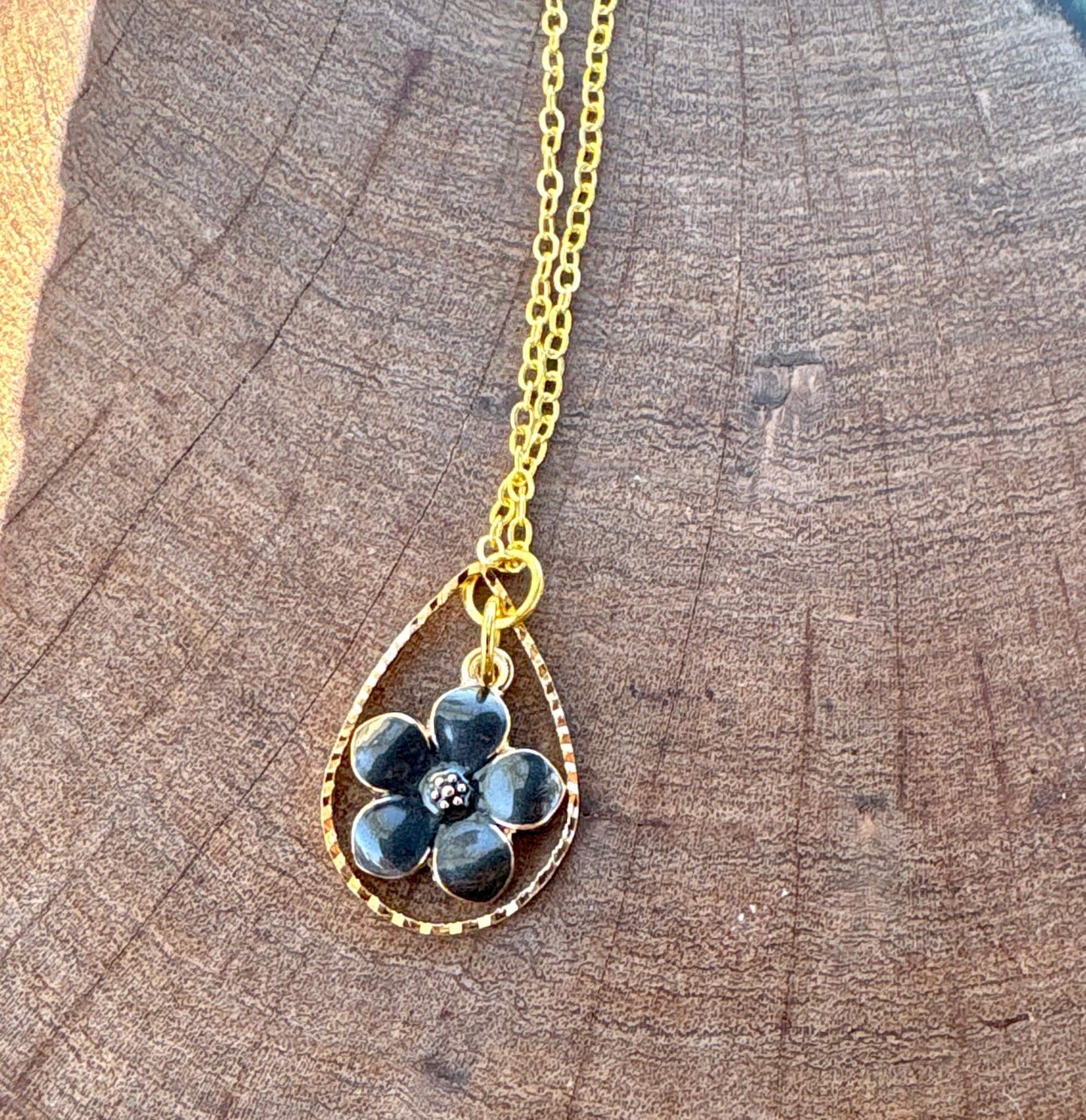 Gold Teardrop Necklace | Blue or Black Flower Pearl Pendant Necklaces Consecrated Jewelry Co.
