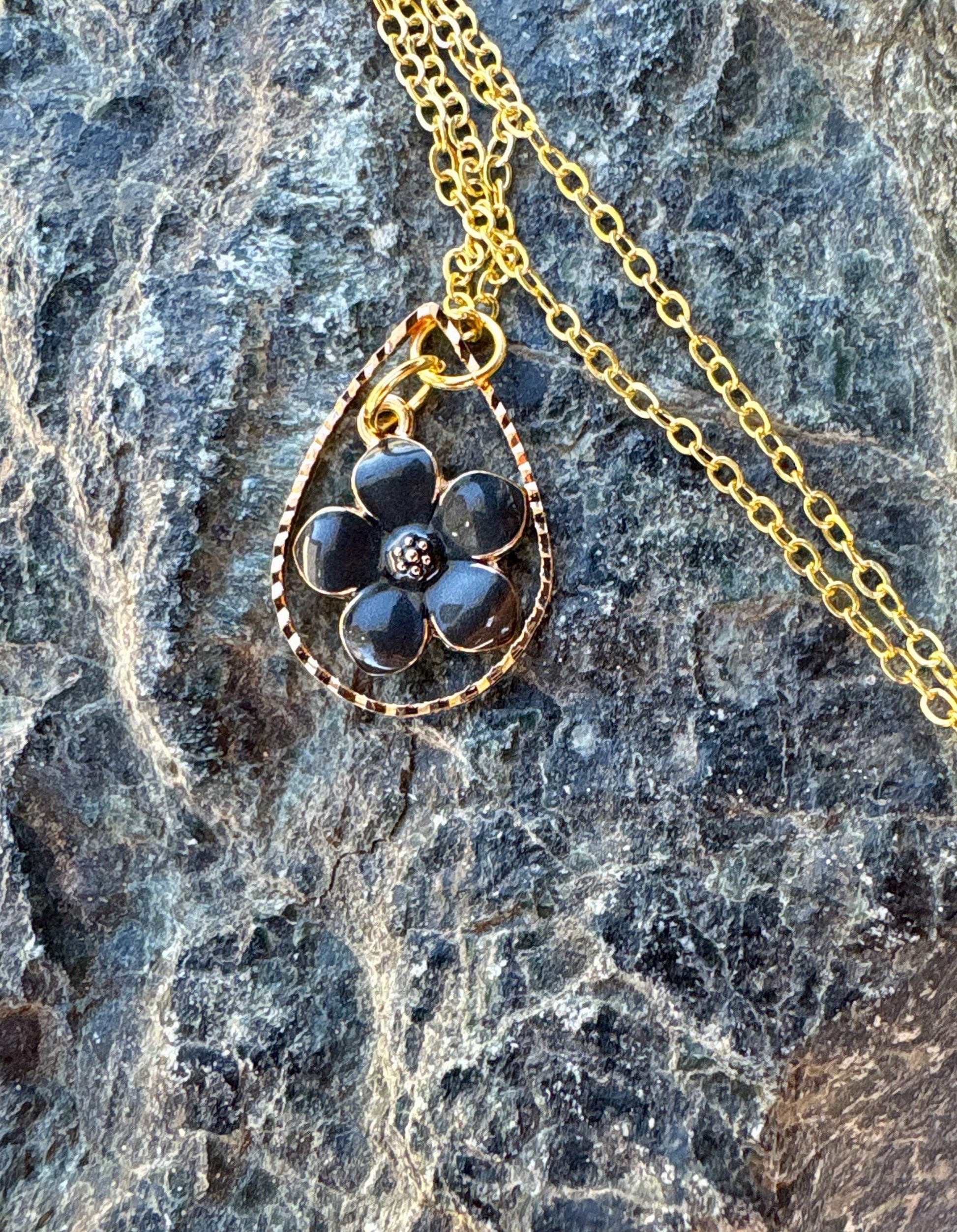 Gold Teardrop Necklace | Blue or Black Flower Pearl Pendant Necklaces Consecrated Jewelry Co.