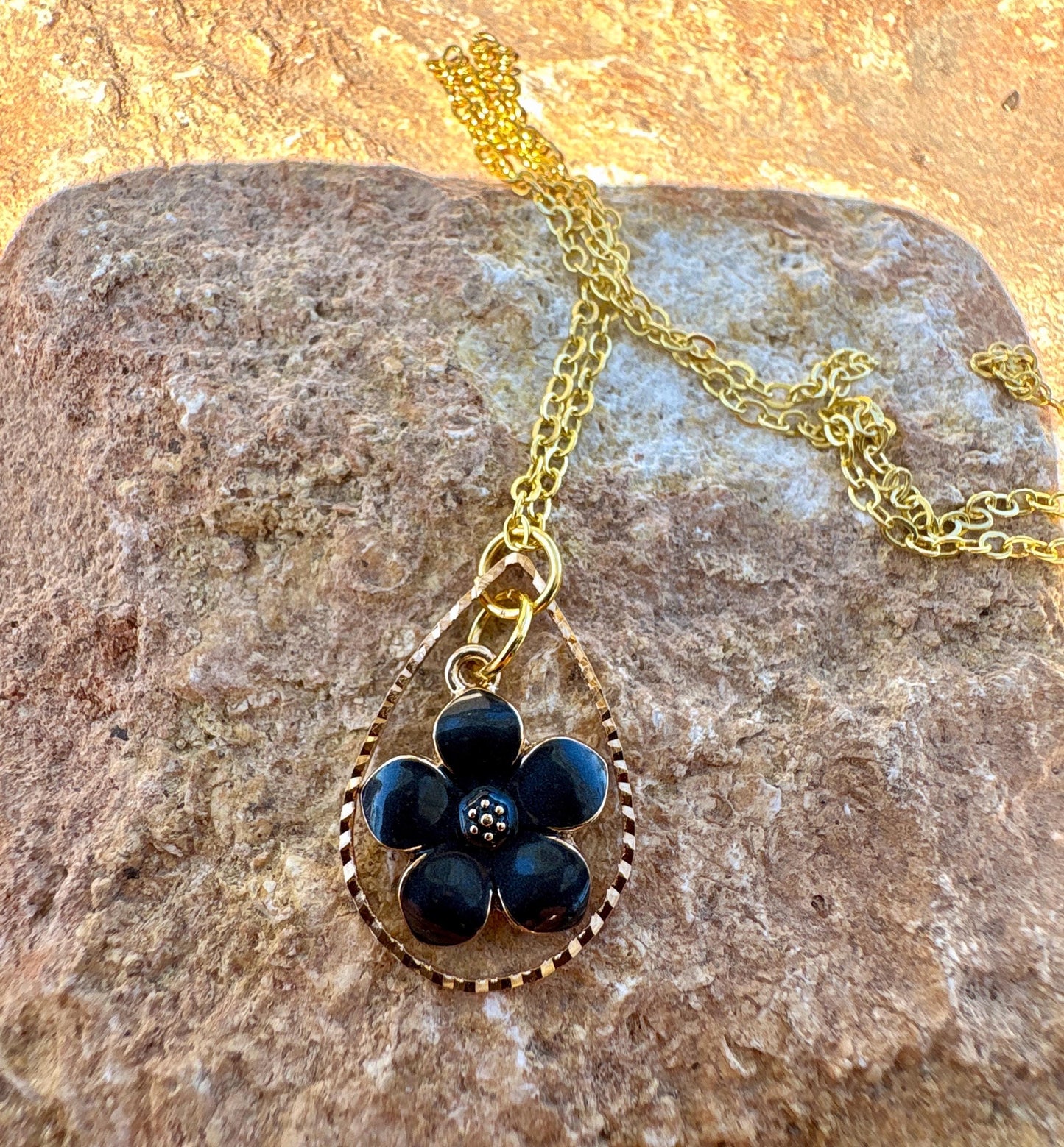 Gold Teardrop Necklace | Blue or Black Flower Pearl Pendant Necklaces Consecrated Jewelry Co.