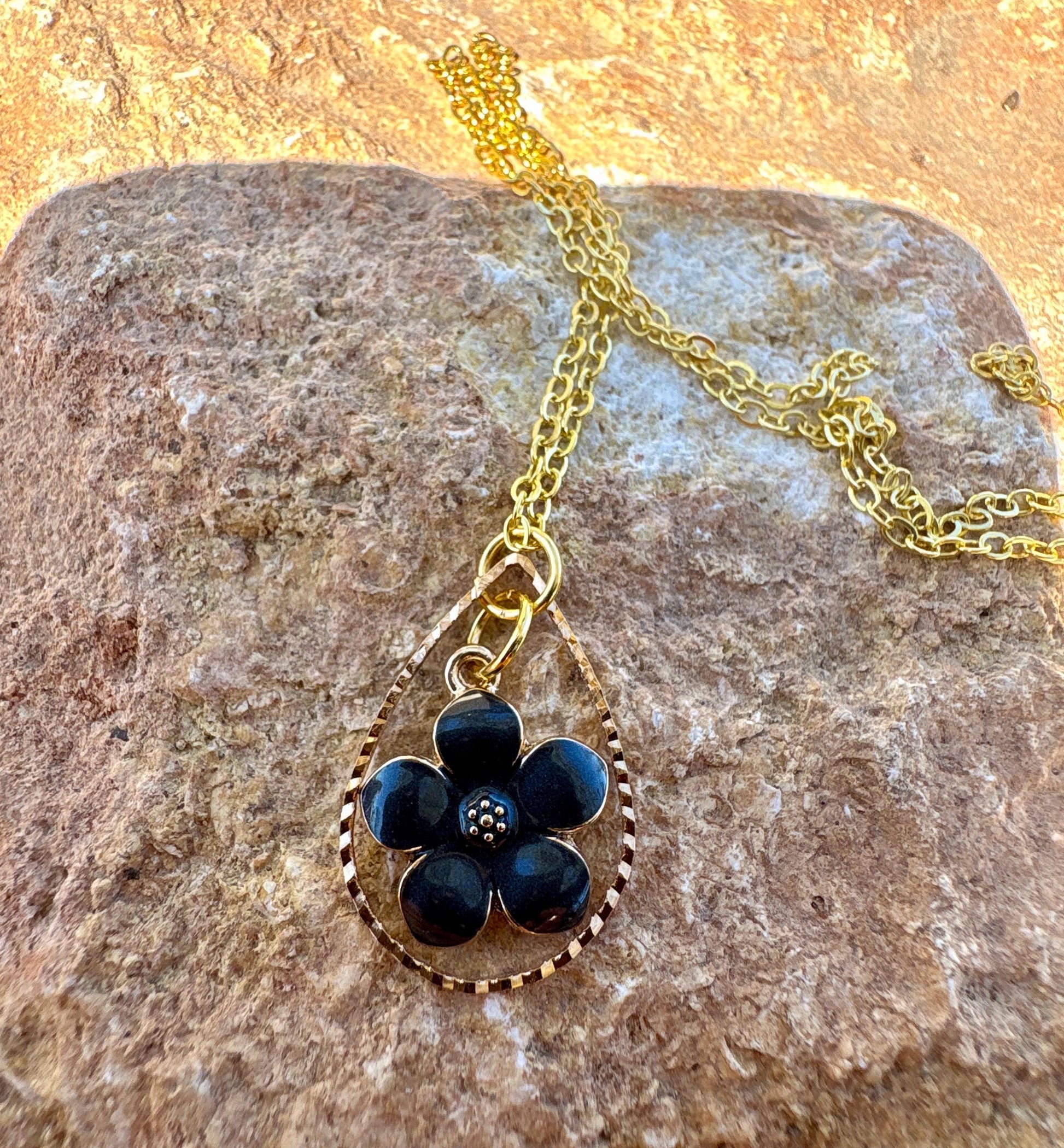 Gold Teardrop Necklace | Blue or Black Flower Pearl Pendant Necklaces Consecrated Jewelry Co.