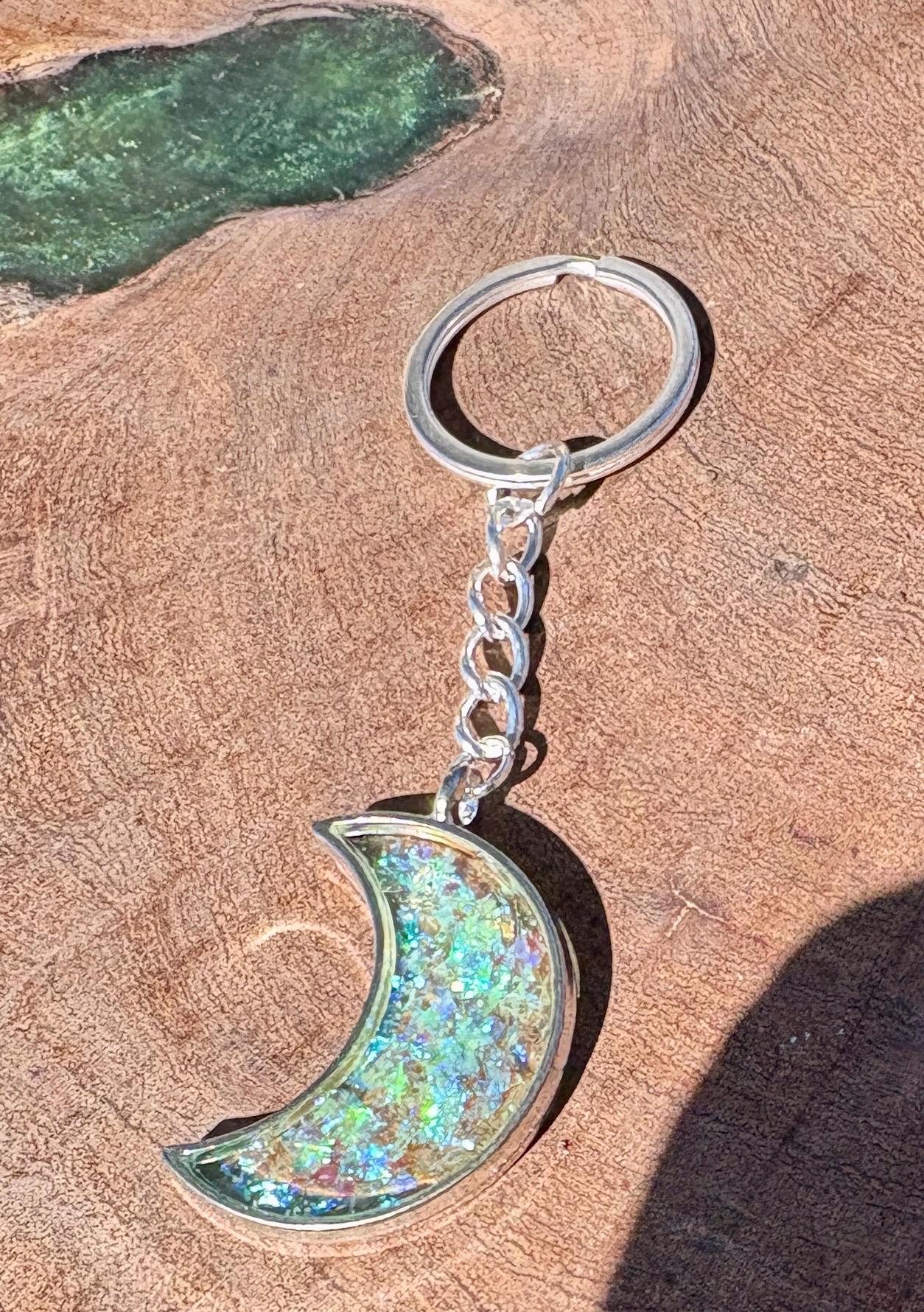 Silver Crescent Resin Keychain | Neon Green Galaxy Stardust Charm Keychains Consecrated Jewelry Co.