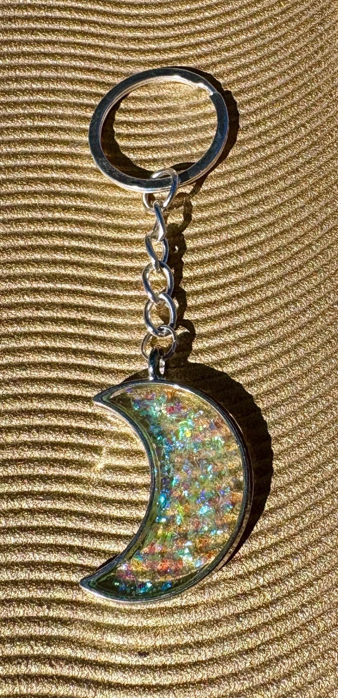 Silver Crescent Resin Keychain | Neon Green Galaxy Stardust Charm Keychains Consecrated Jewelry Co.