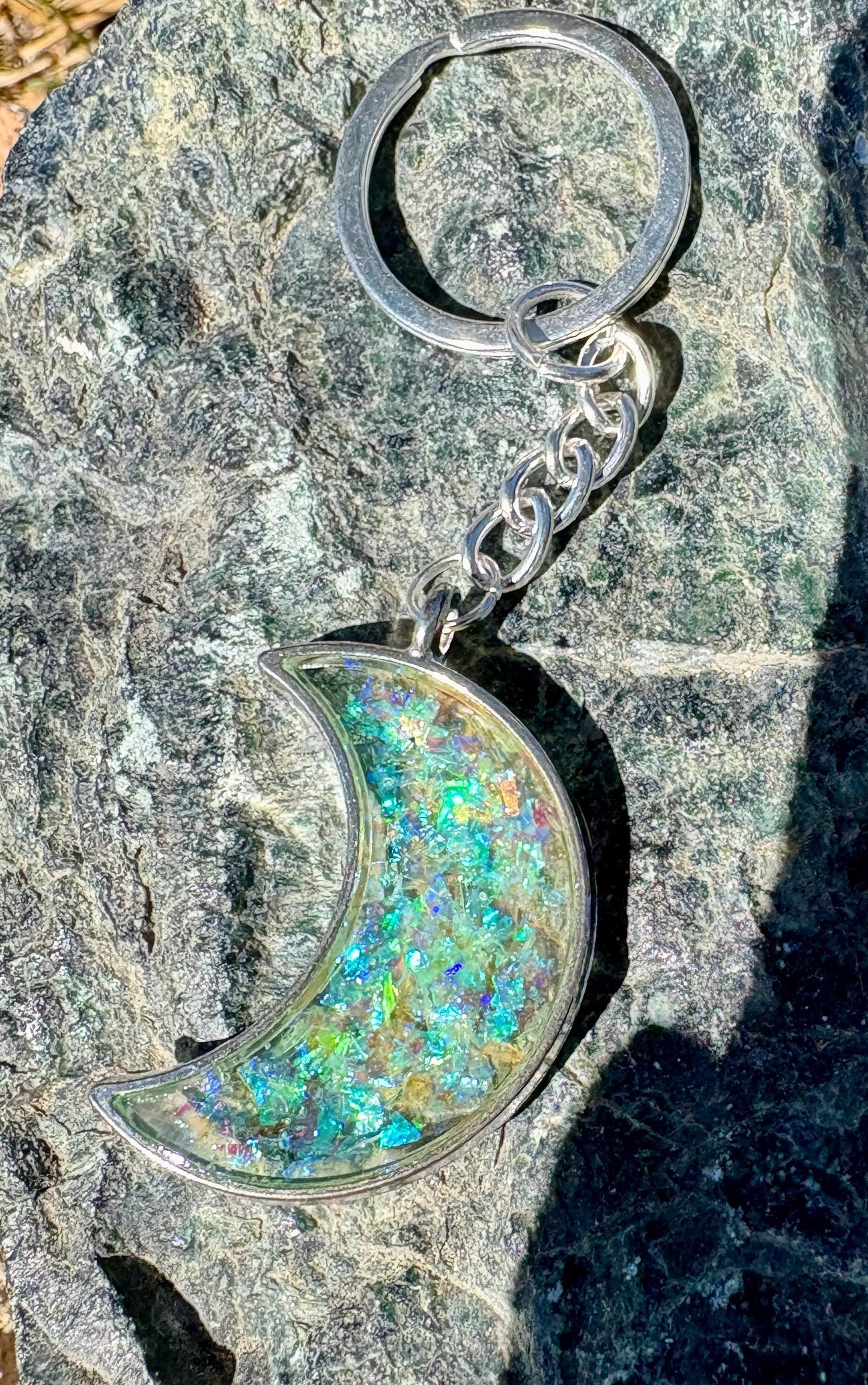 Silver Crescent Resin Keychain | Neon Green Galaxy Stardust Charm Keychains Consecrated Jewelry Co.