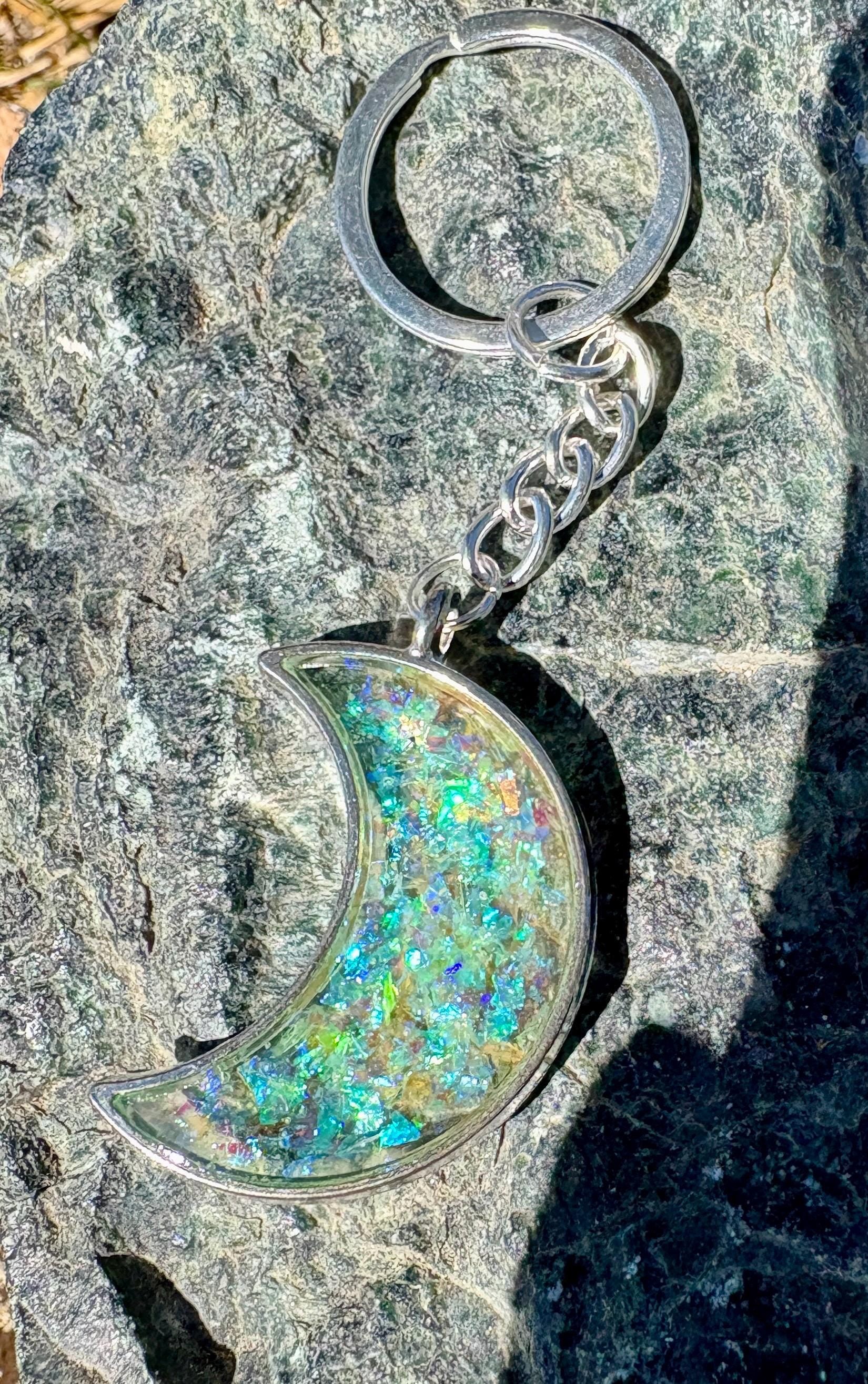 Silver Crescent Resin Keychain | Neon Green Galaxy Stardust Charm Keychains Consecrated Jewelry Co.