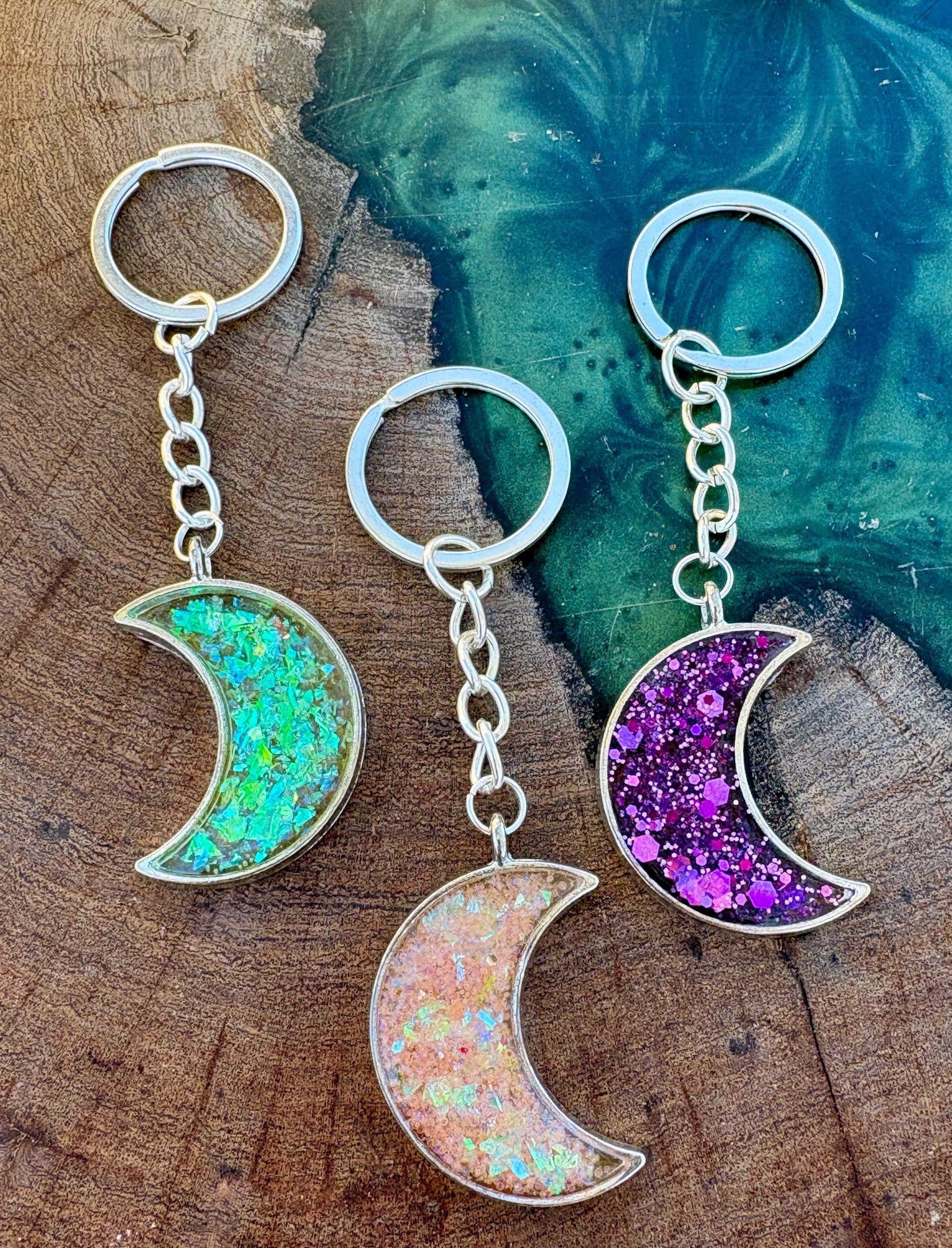 Purple Stardust Crescent Moon Resin Keychain | Consecrated Jewelry Co. Keychains Consecrated Jewelry Co.