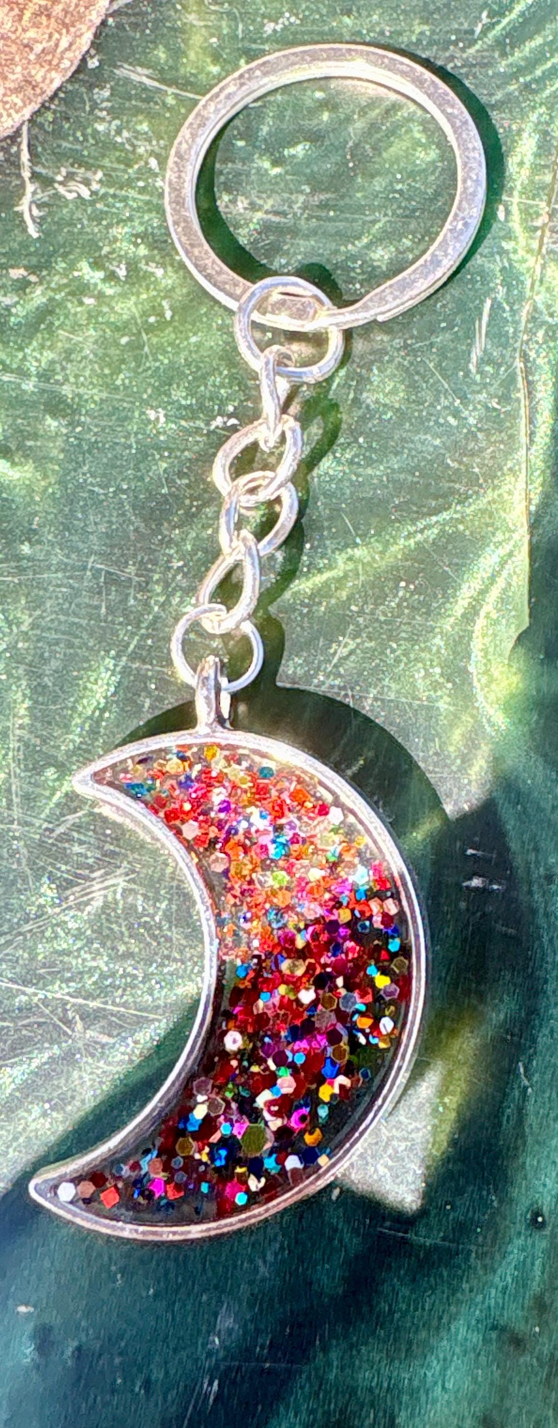 Stardust Moon Keychain | Silver Crescent Resin Galaxy Glitter Keychains Consecrated Jewelry Co.