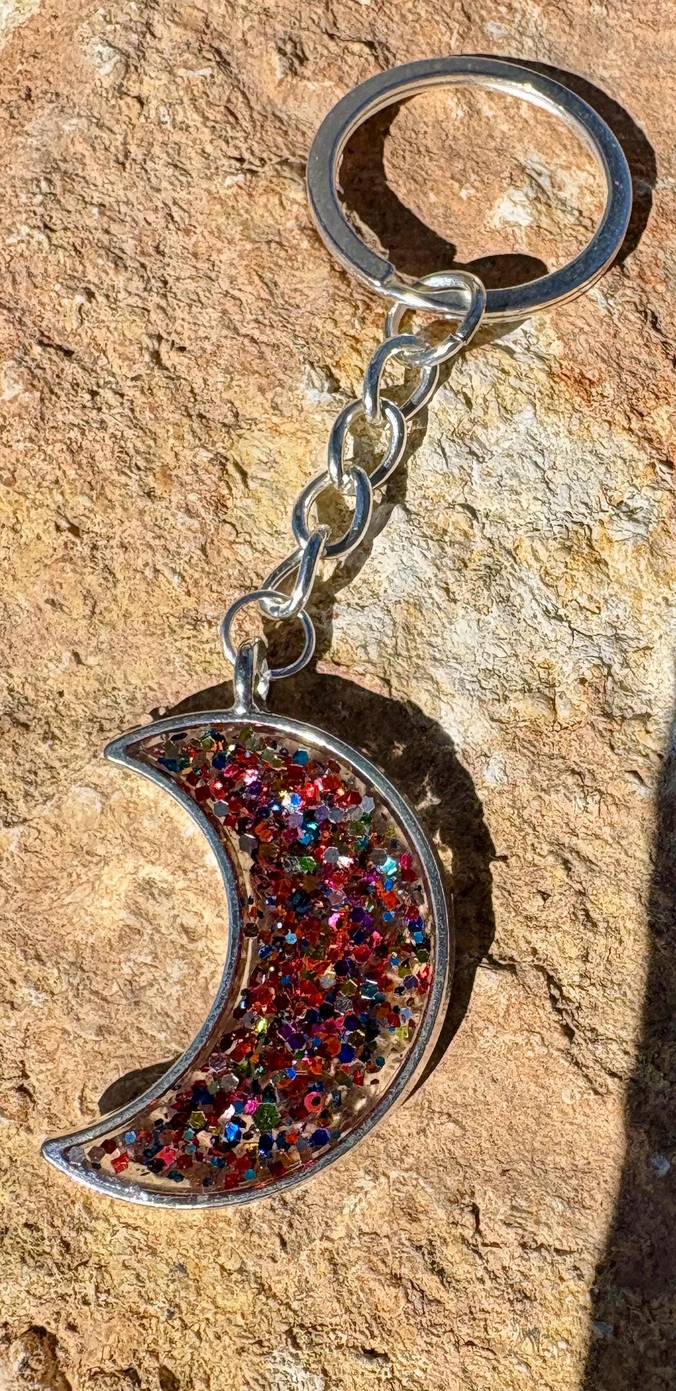 Stardust Moon Keychain | Silver Crescent Resin Galaxy Glitter Keychains Consecrated Jewelry Co.
