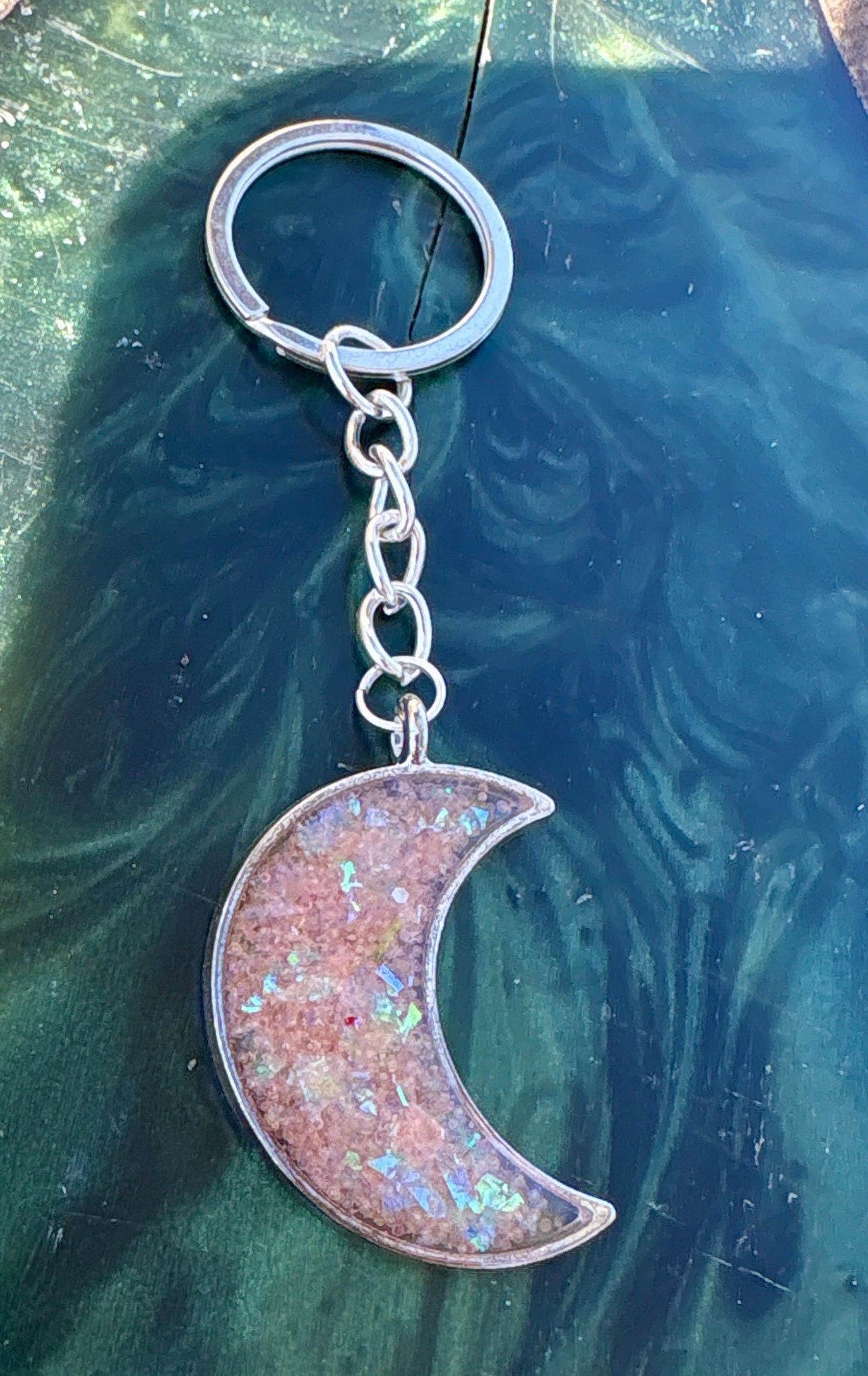 Silver Crescent Moon Resin Keychain | Pink Galaxy Glitter Charm Keychains Consecrated Jewelry Co.
