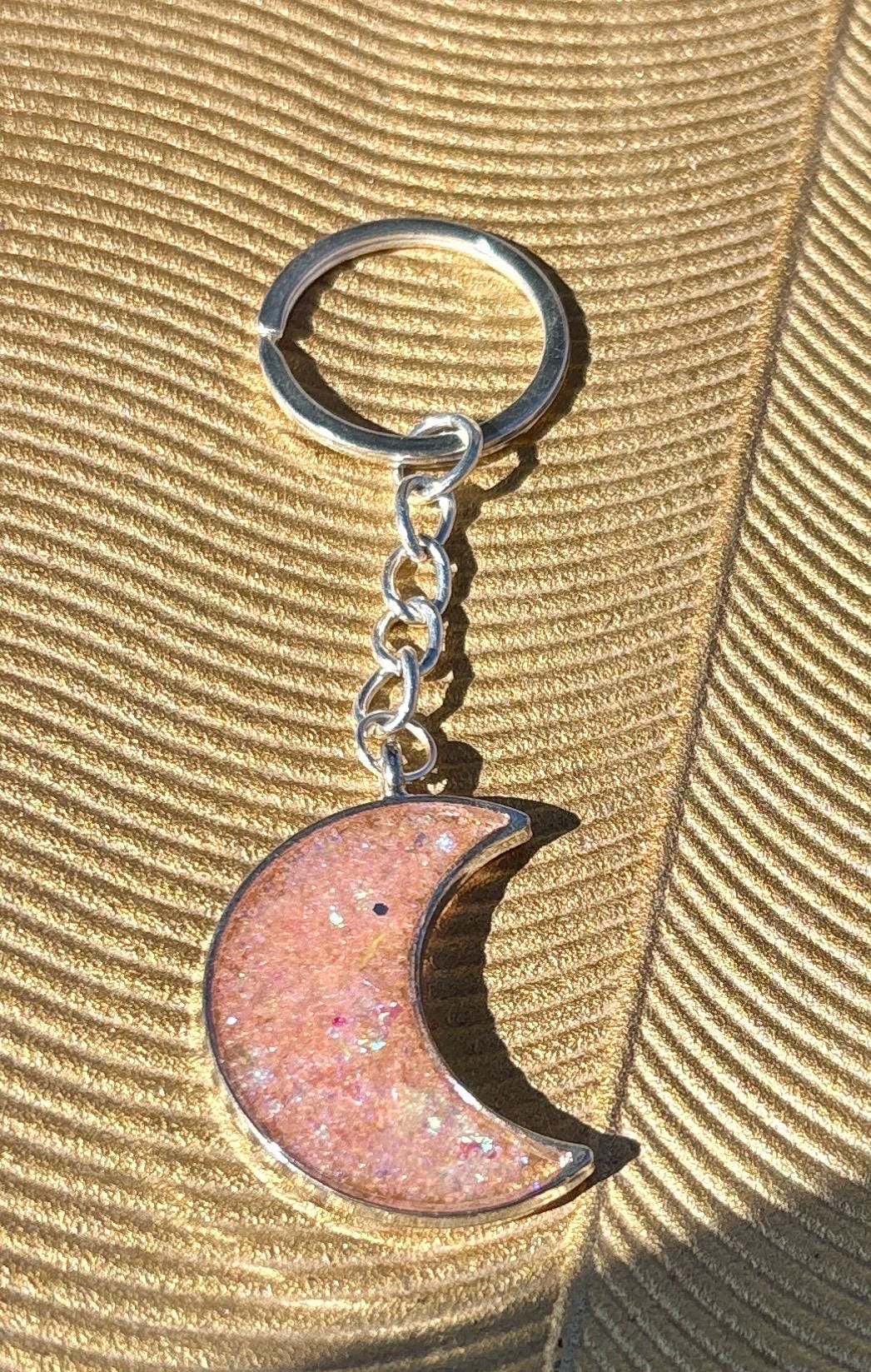 Silver Crescent Moon Resin Keychain | Pink Galaxy Glitter Charm Keychains Consecrated Jewelry Co.