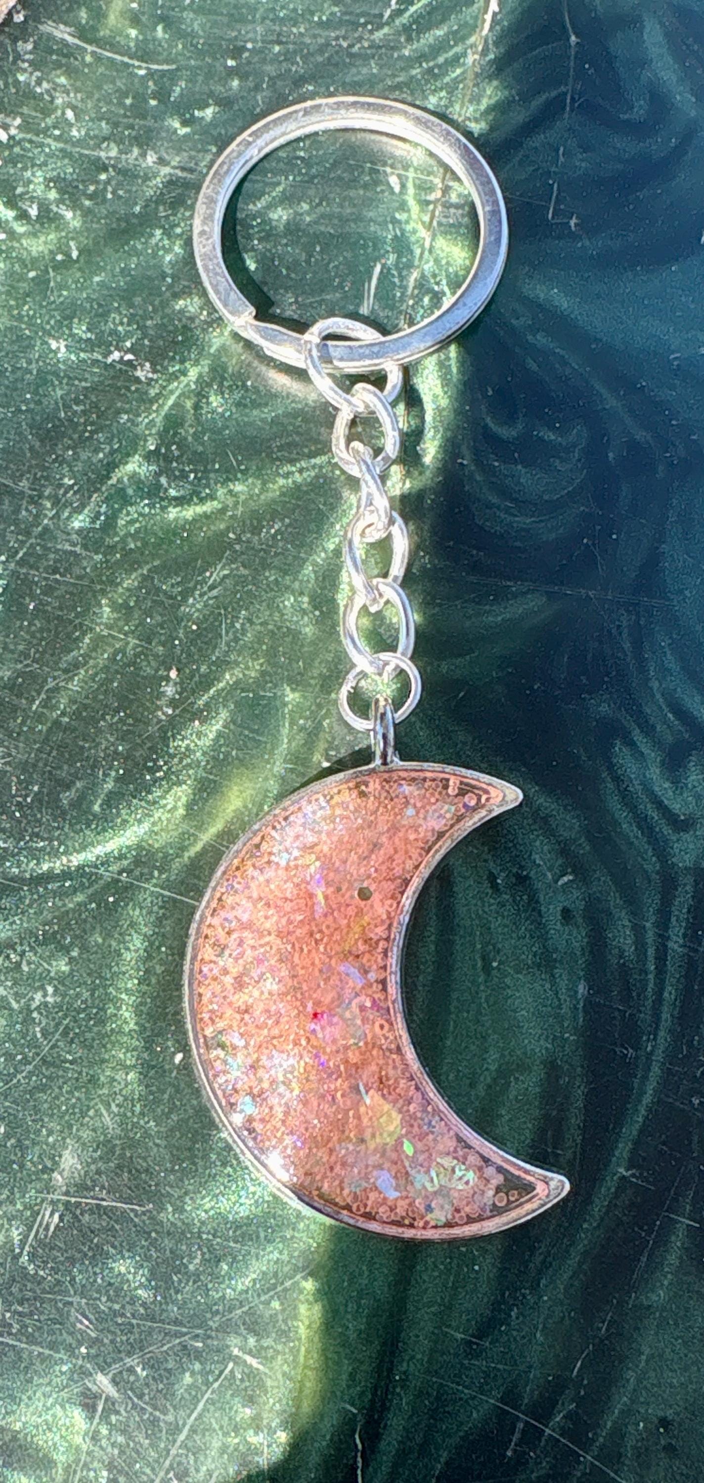 Silver Crescent Moon Resin Keychain | Pink Galaxy Glitter Charm Keychains Consecrated Jewelry Co.