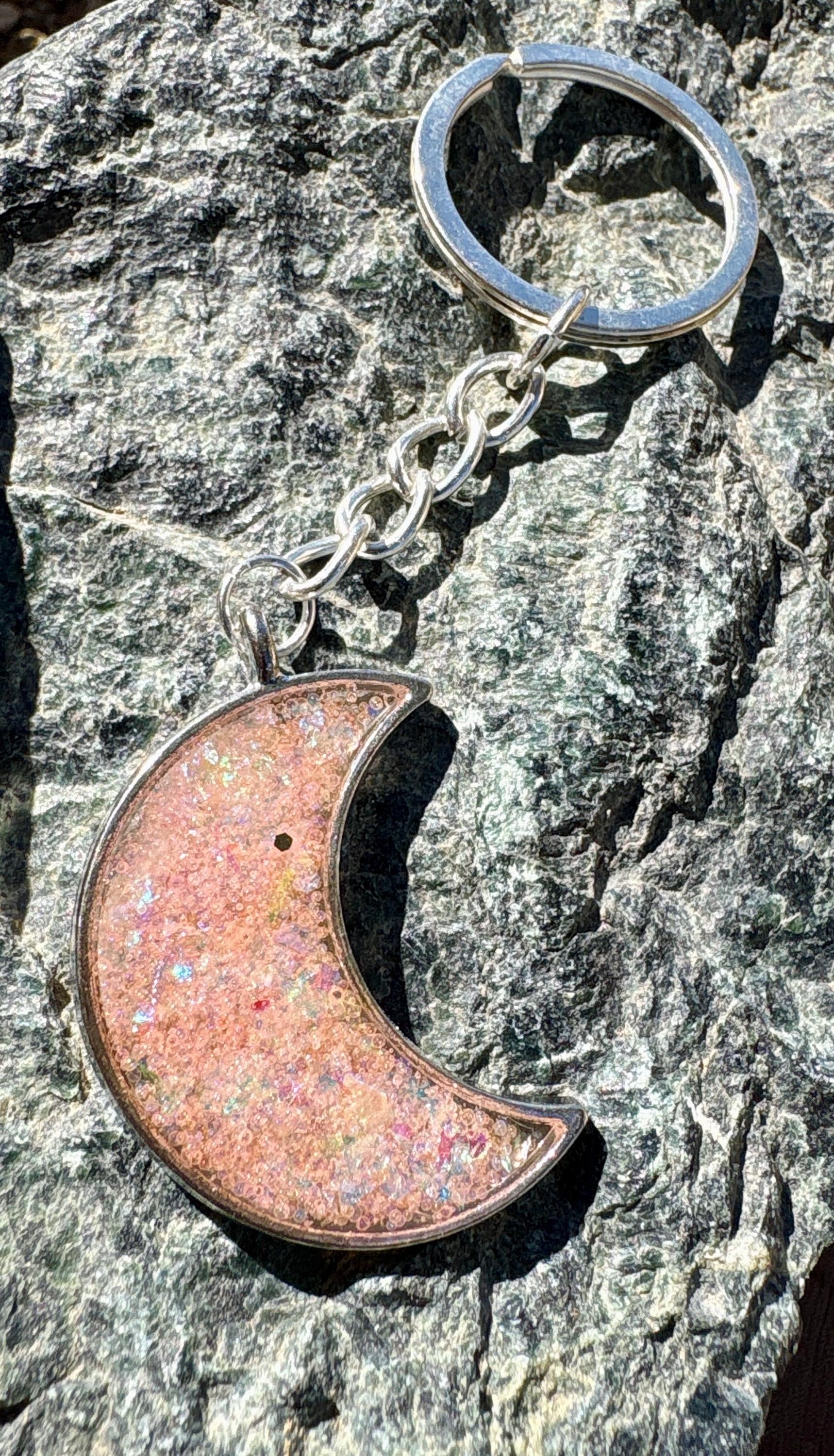 Silver Crescent Moon Resin Keychain | Pink Galaxy Glitter Charm Keychains Consecrated Jewelry Co.