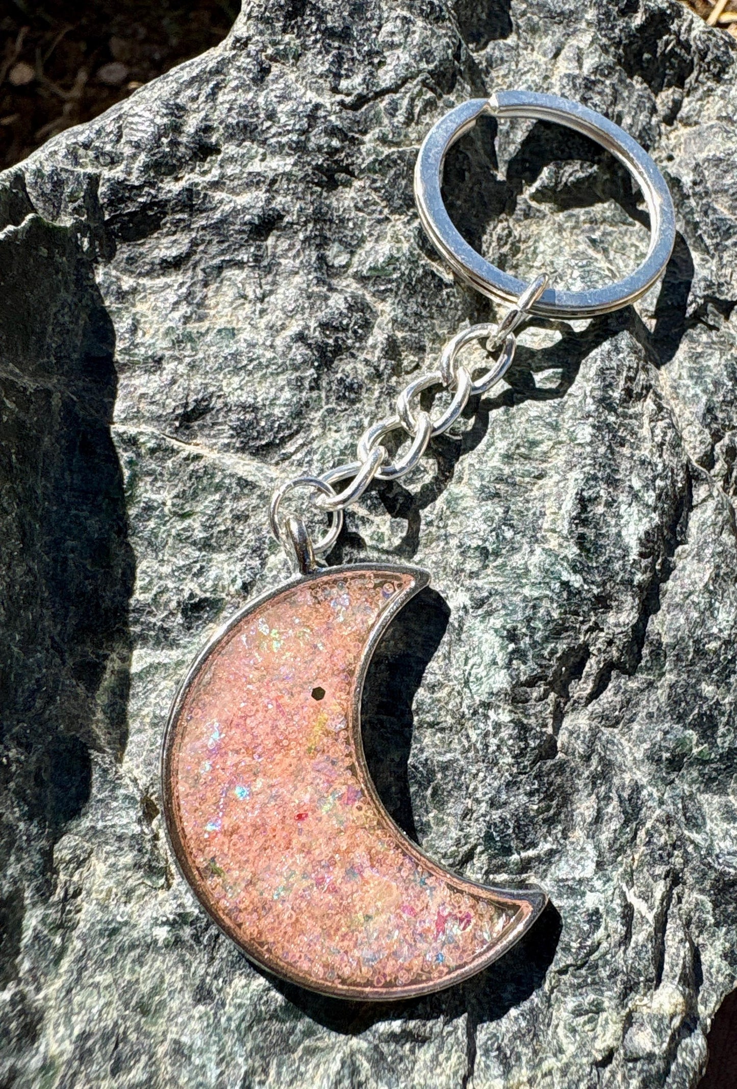 Silver Crescent Moon Resin Keychain | Pink Galaxy Glitter Charm Keychains Consecrated Jewelry Co.