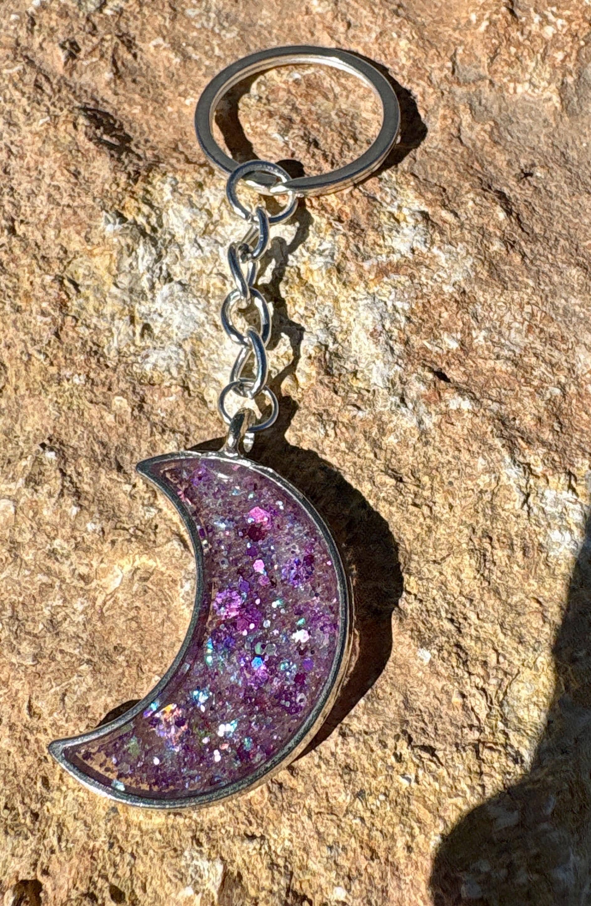 Purple Stardust Crescent Moon Resin Keychain | Consecrated Jewelry Co. Keychains Consecrated Jewelry Co.