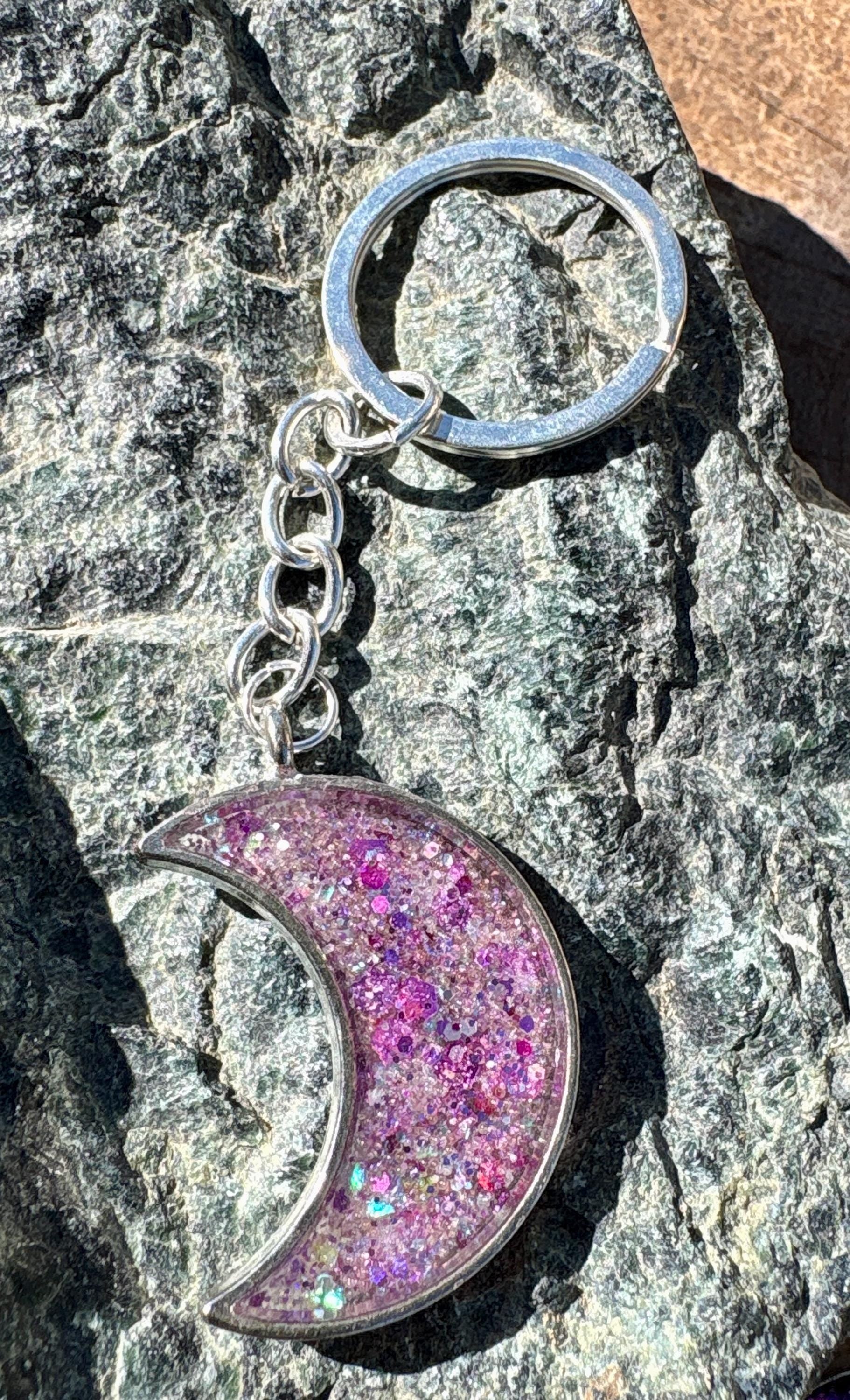 Purple Stardust Crescent Moon Resin Keychain | Consecrated Jewelry Co. Keychains Consecrated Jewelry Co.