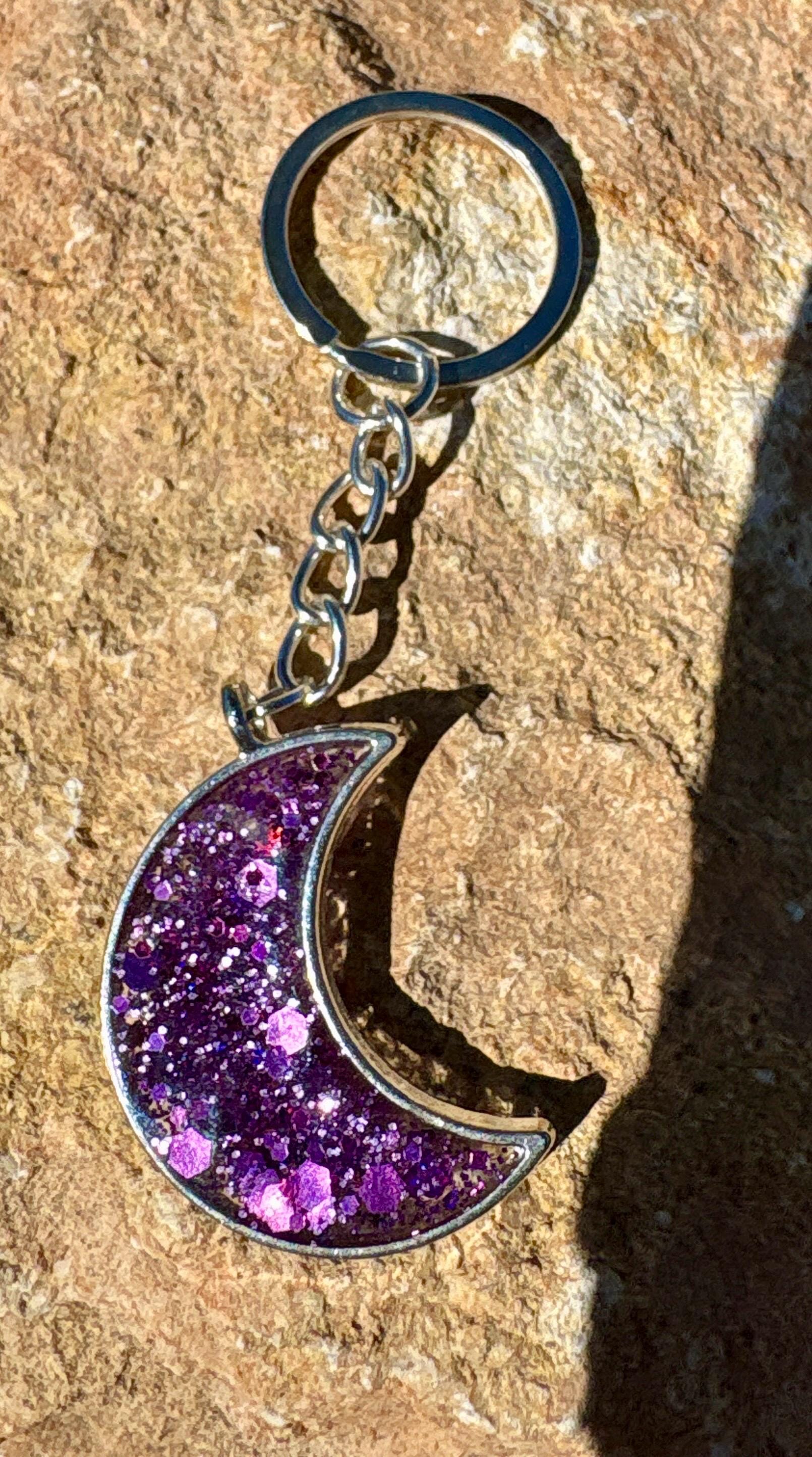Purple Galaxy Glitter Crescent Moon Resin Keychain | Consecrated Jewelry Co. Keychains Consecrated Jewelry Co.