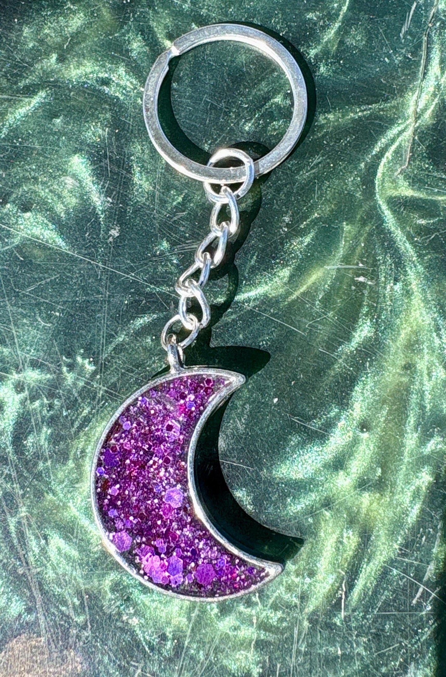 Purple Galaxy Glitter Crescent Moon Resin Keychain | Consecrated Jewelry Co. Keychains Consecrated Jewelry Co.