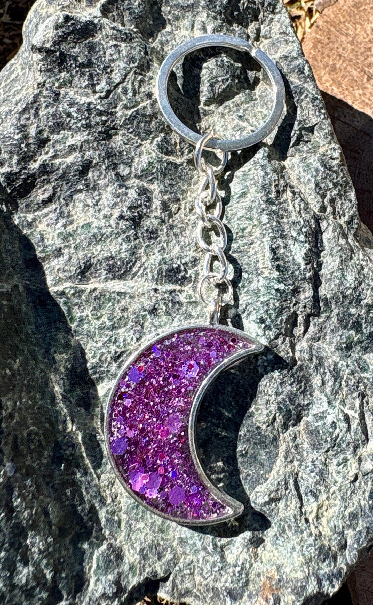 Purple Galaxy Glitter Crescent Moon Resin Keychain | Consecrated Jewelry Co. Keychains Consecrated Jewelry Co.
