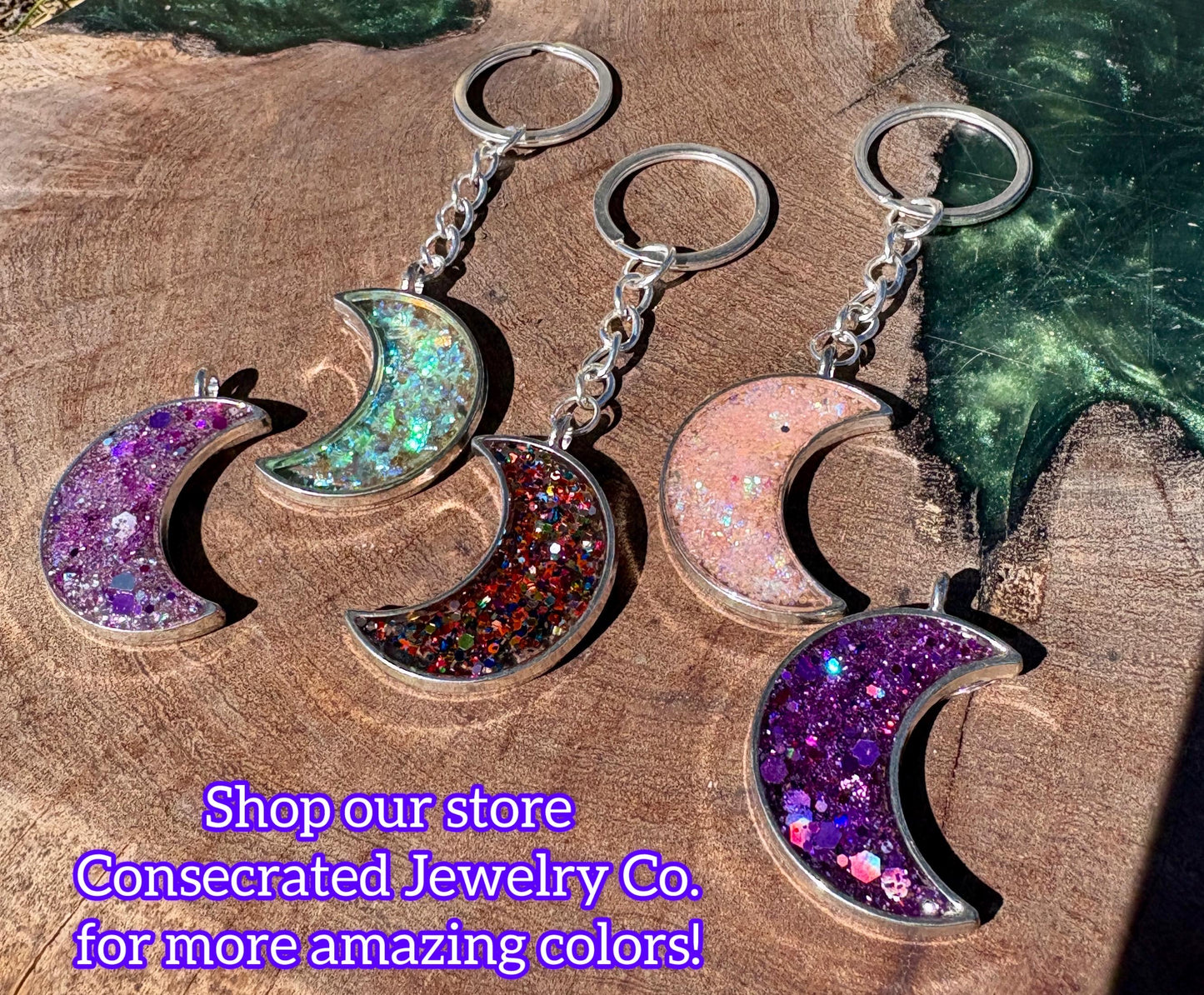 Silver Crescent Resin Keychain | Neon Green Galaxy Stardust Charm Keychains Consecrated Jewelry Co.