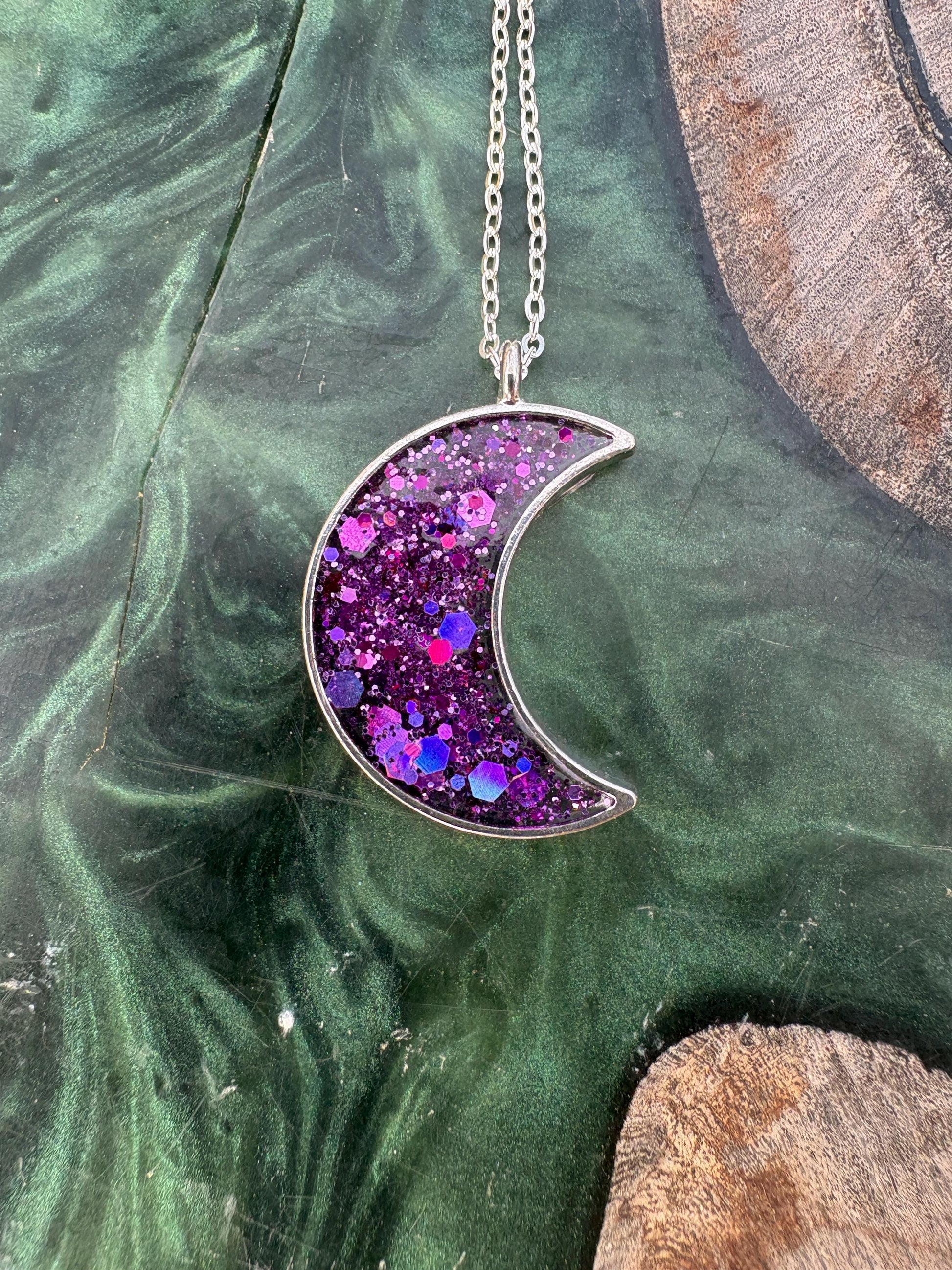 Purple Galaxy Glitter Crescent Moon Resin Necklace | Consecrated Jewelry Co. Necklaces Consecrated Jewelry Co.